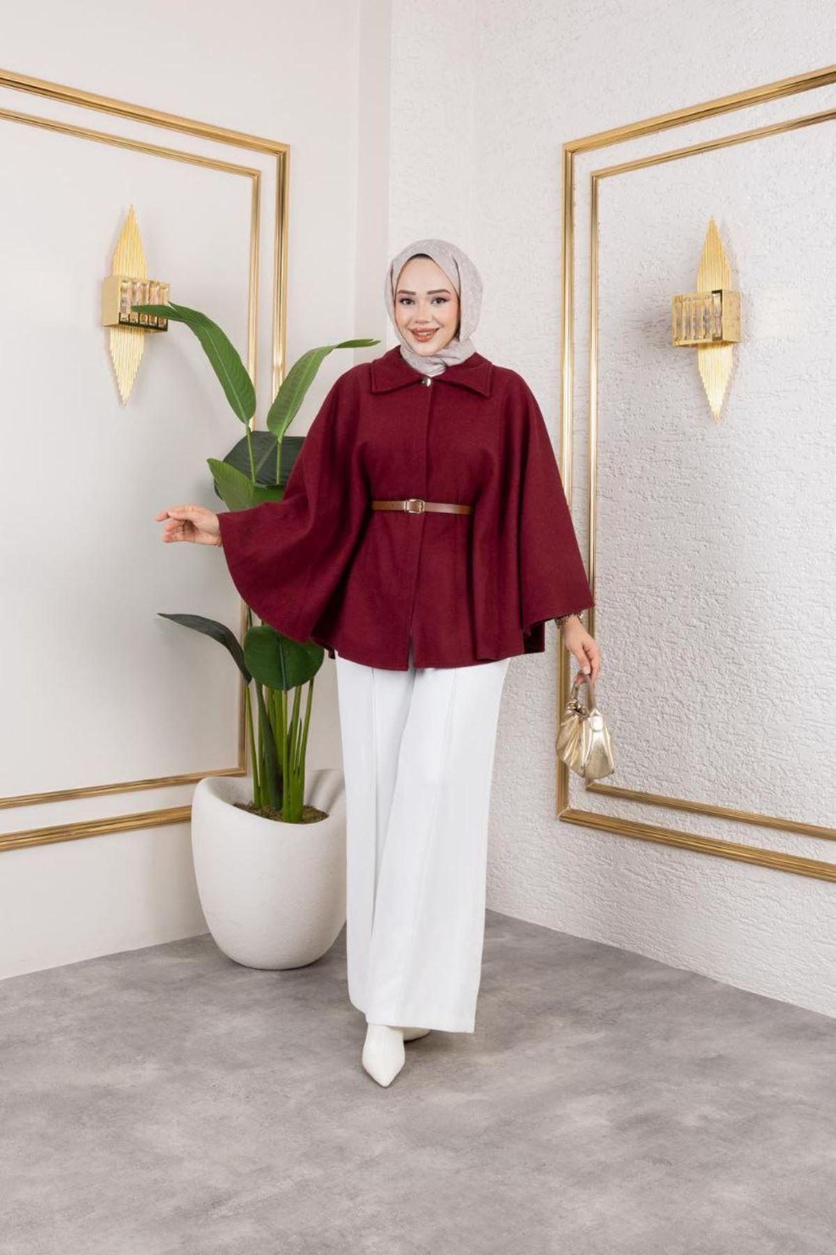 Kadın Kışlık Trend Kemerli Bordo Kaşe Kısa Kaban