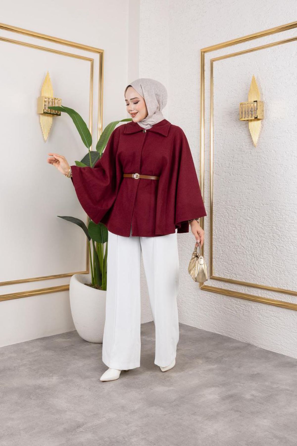 Kadın Kışlık Trend Kemerli Bordo Kaşe Kısa Kaban