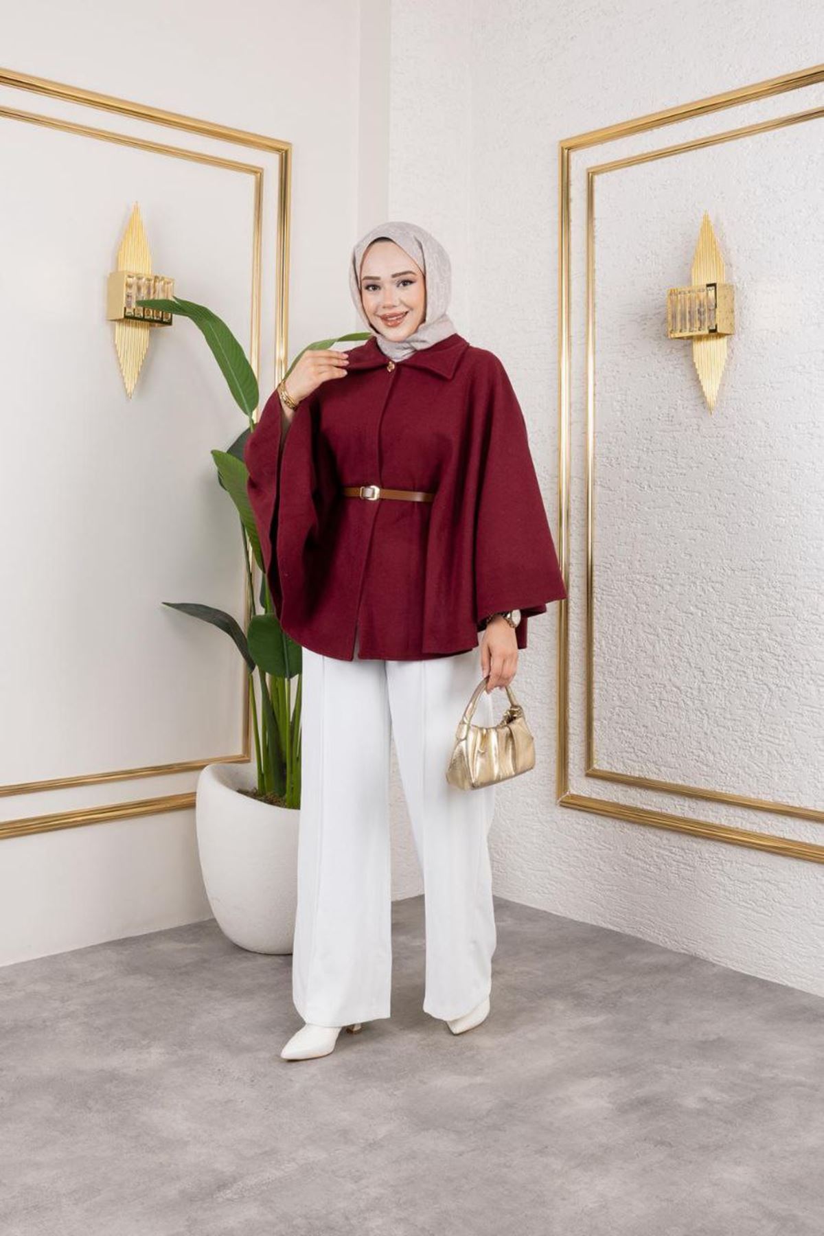 Kadın Kışlık Trend Kemerli Bordo Kaşe Kısa Kaban