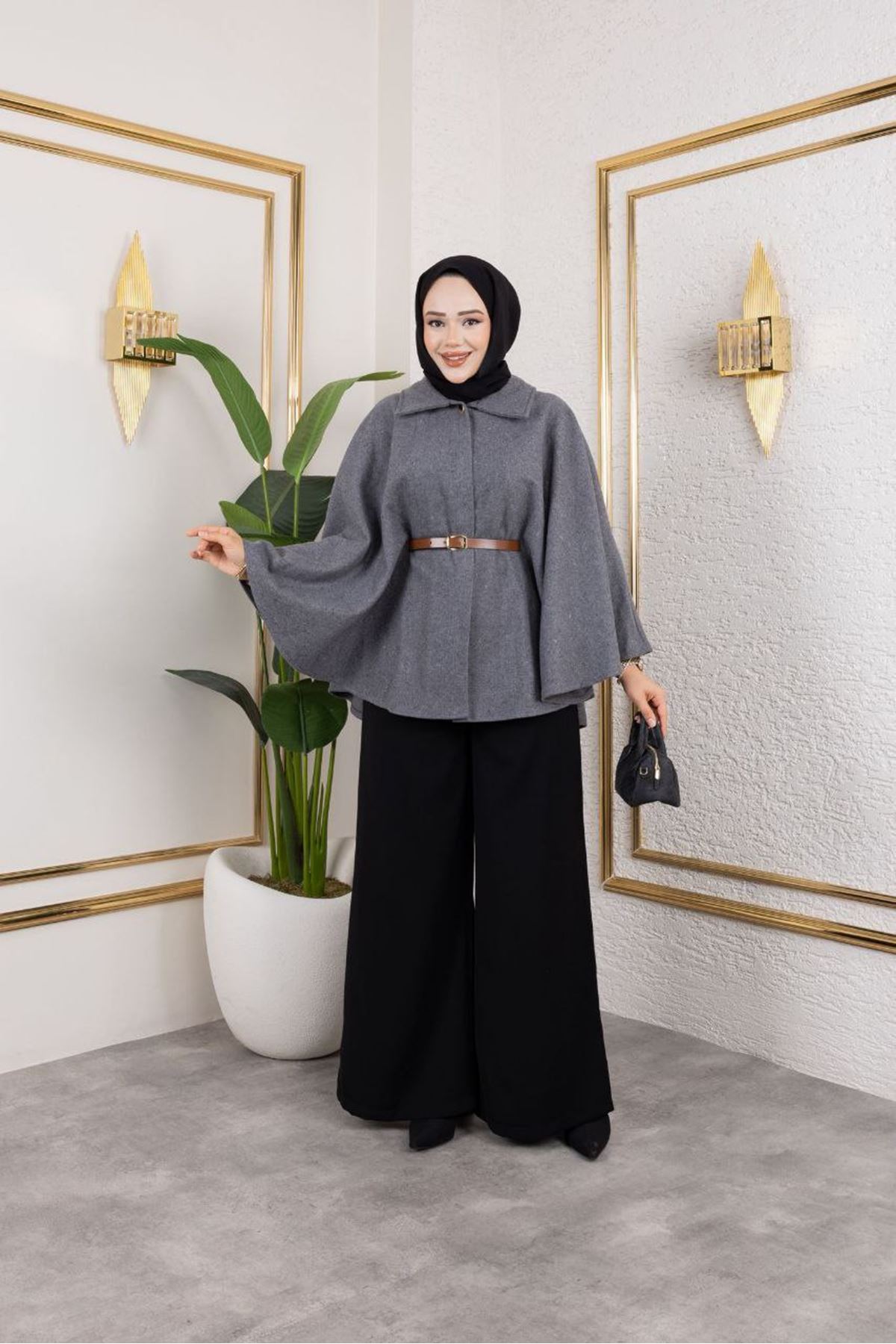 Kadın Kışlık Trend Kemerli Füme Kaşe Kısa Kaban