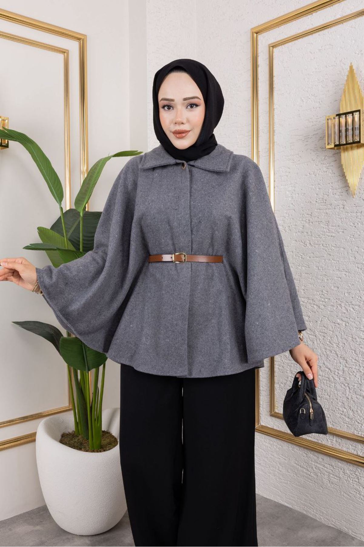 Kadın Kışlık Trend Kemerli Füme Kaşe Kısa Kaban