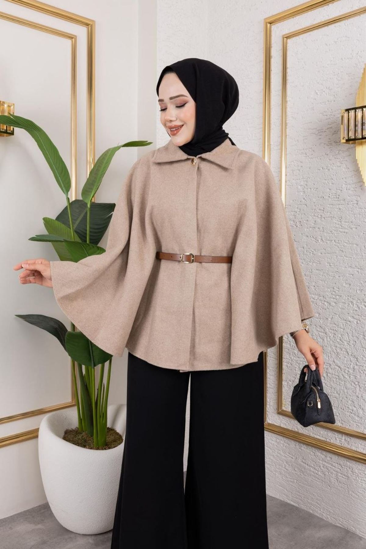 Kadın Kışlık Trend Kemerli Vizon Kaşe Kısa Kaban