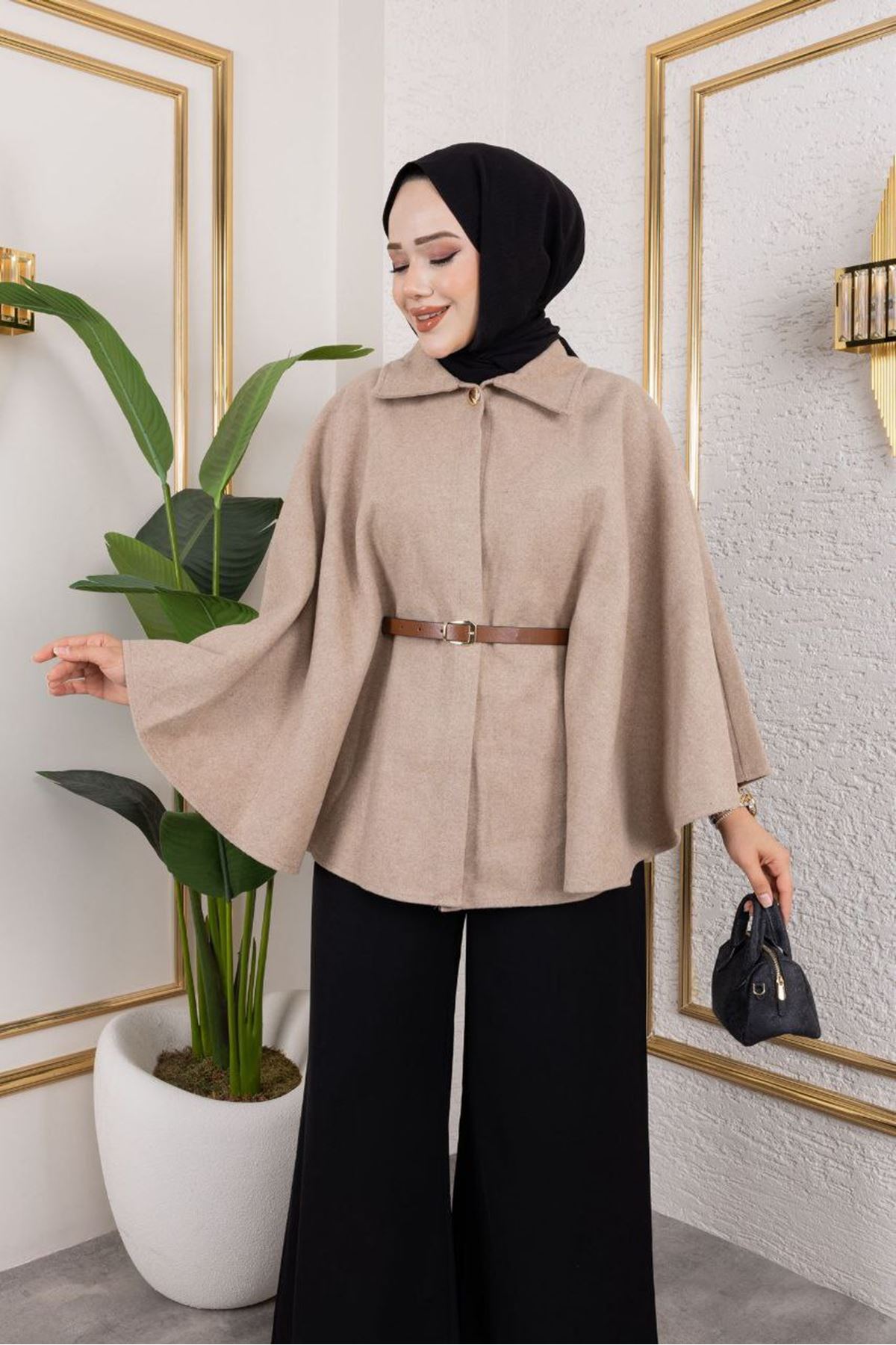 Kadın Kışlık Trend Kemerli Vizon Kaşe Kısa Kaban