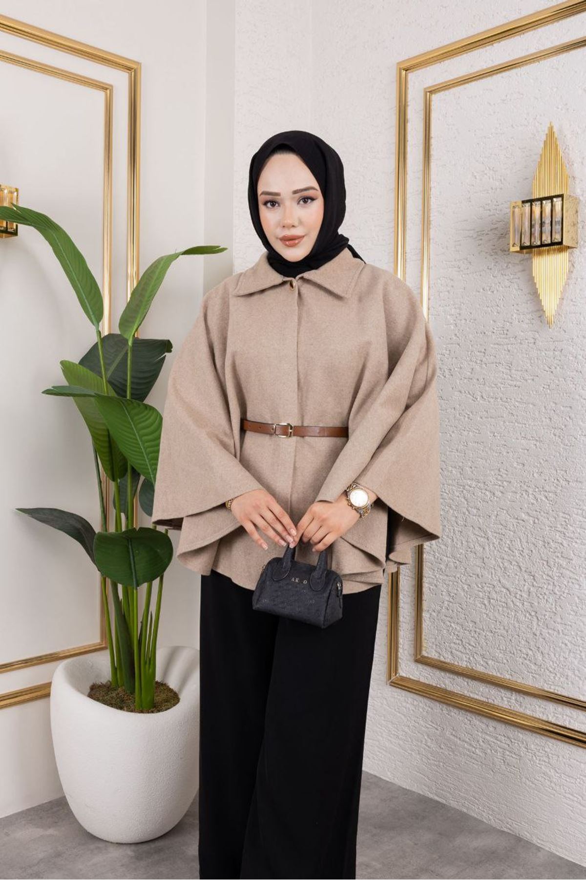 Kadın Kışlık Trend Kemerli Vizon Kaşe Kısa Kaban