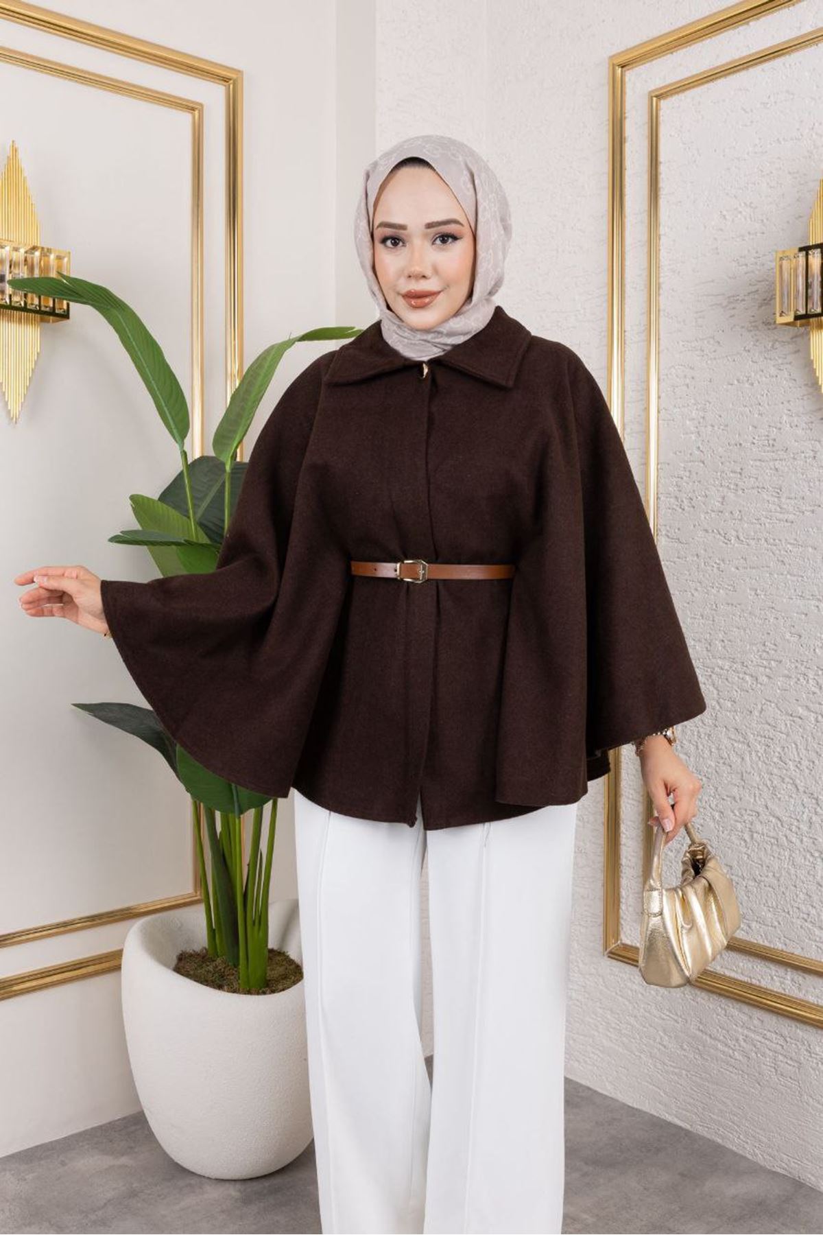 Kadın Kışlık Trend Kemerli Kahve Kaşe Kısa Kaban