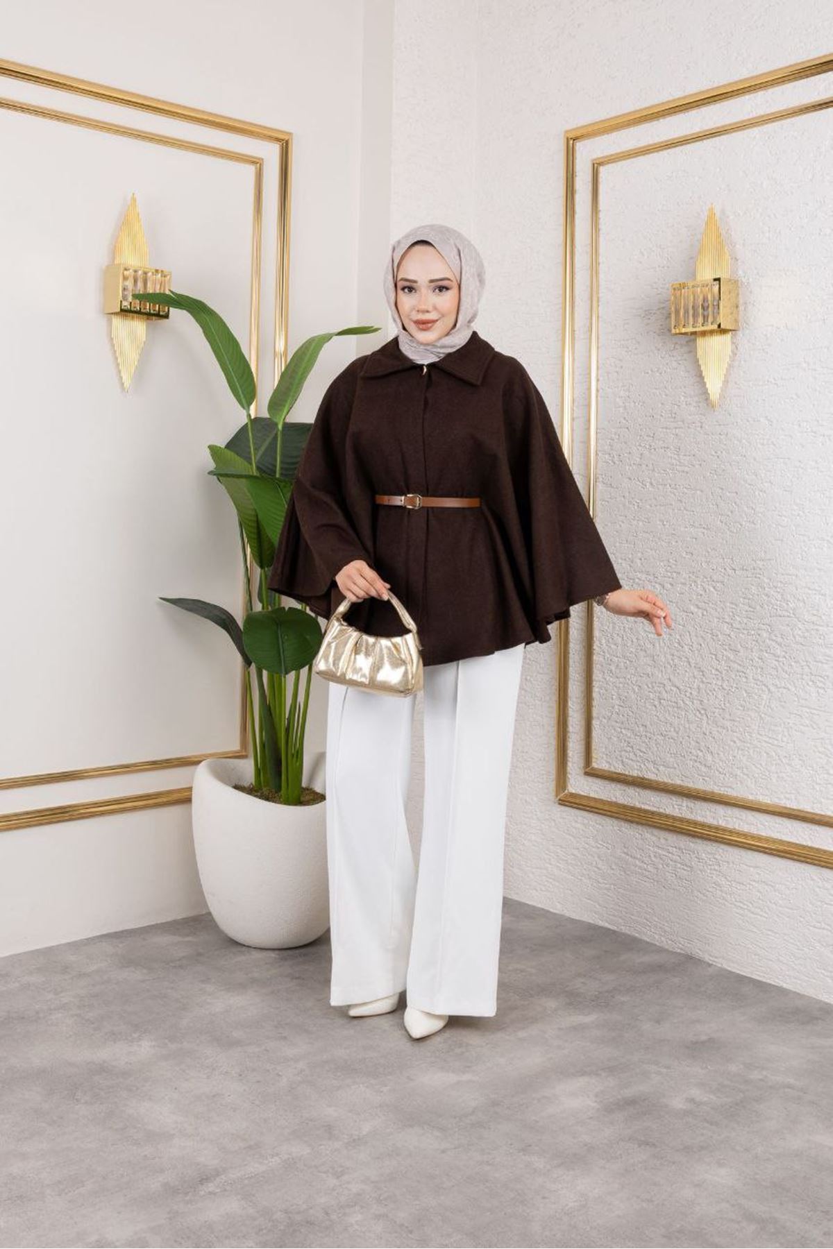 Kadın Kışlık Trend Kemerli Kahve Kaşe Kısa Kaban