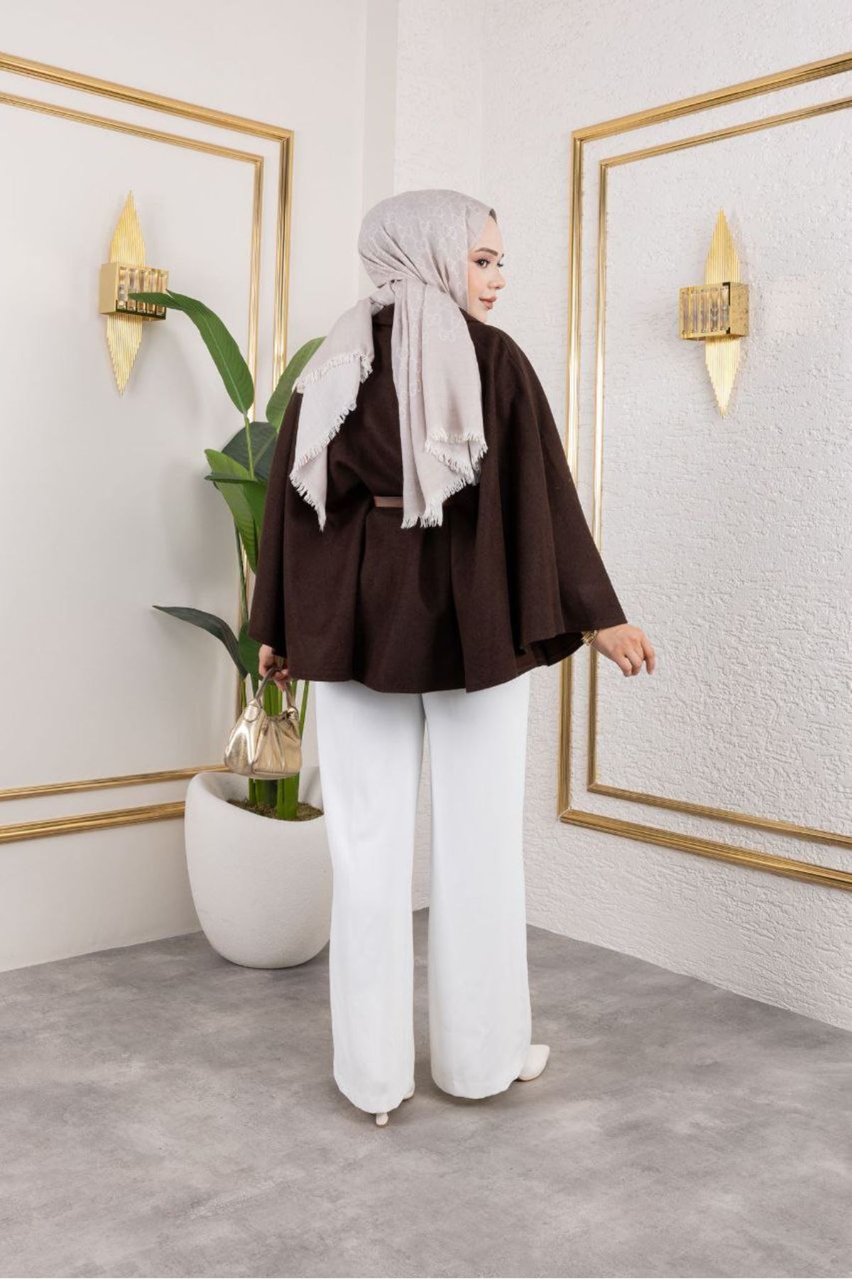 Kadın Kışlık Trend Kemerli Kahve Kaşe Kısa Kaban