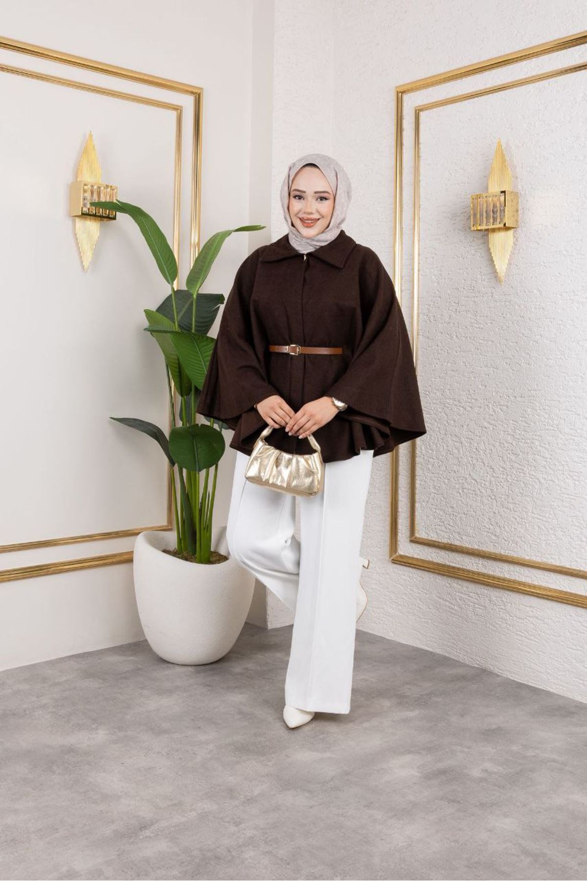 Kadın Kışlık Trend Kemerli Kahve Kaşe Kısa Kaban