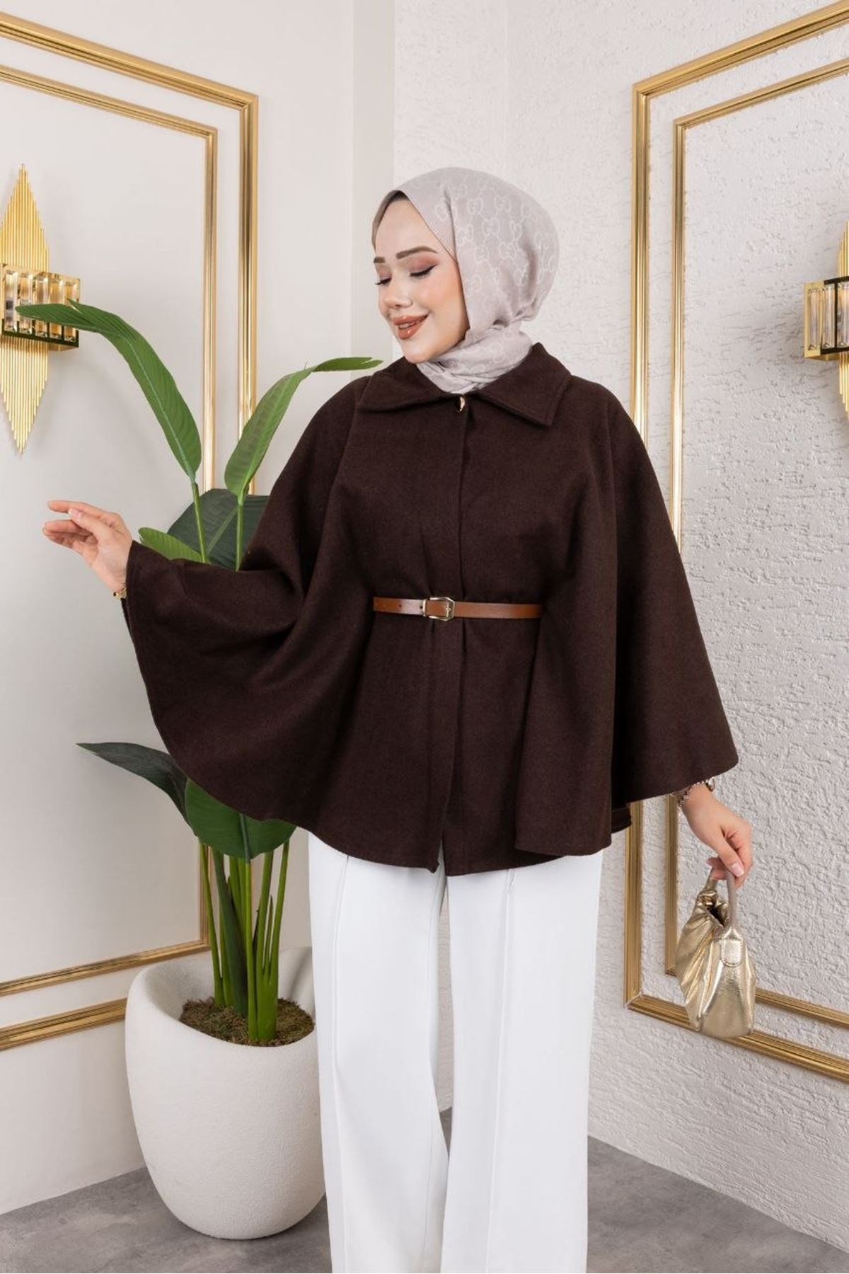 Kadın Kışlık Trend Kemerli Kahve Kaşe Kısa Kaban