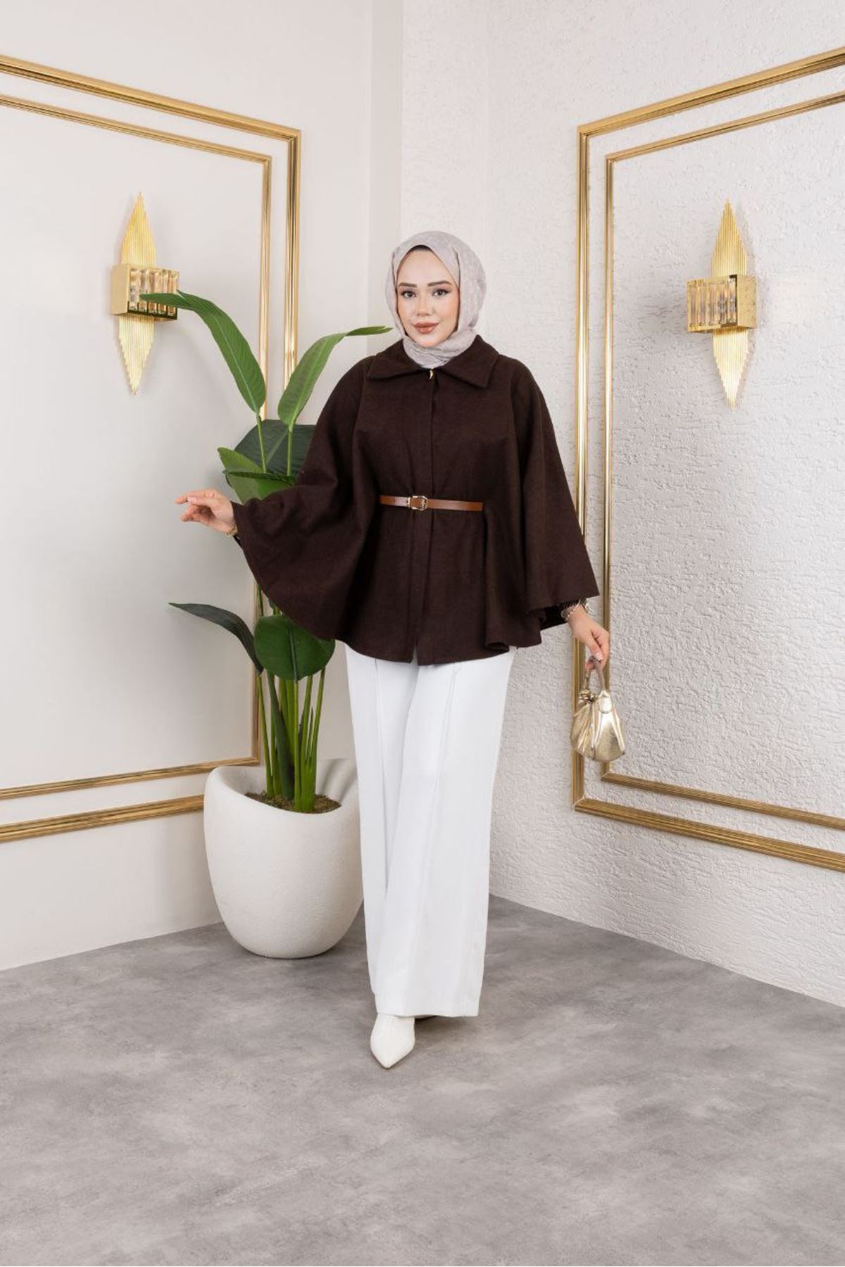 Kadın Kışlık Trend Kemerli Kahve Kaşe Kısa Kaban