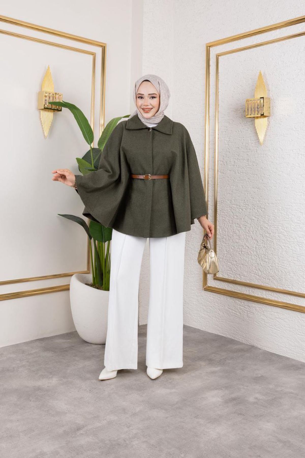 Kadın Kışlık Trend Kemerli Haki Kaşe Kısa Kaban