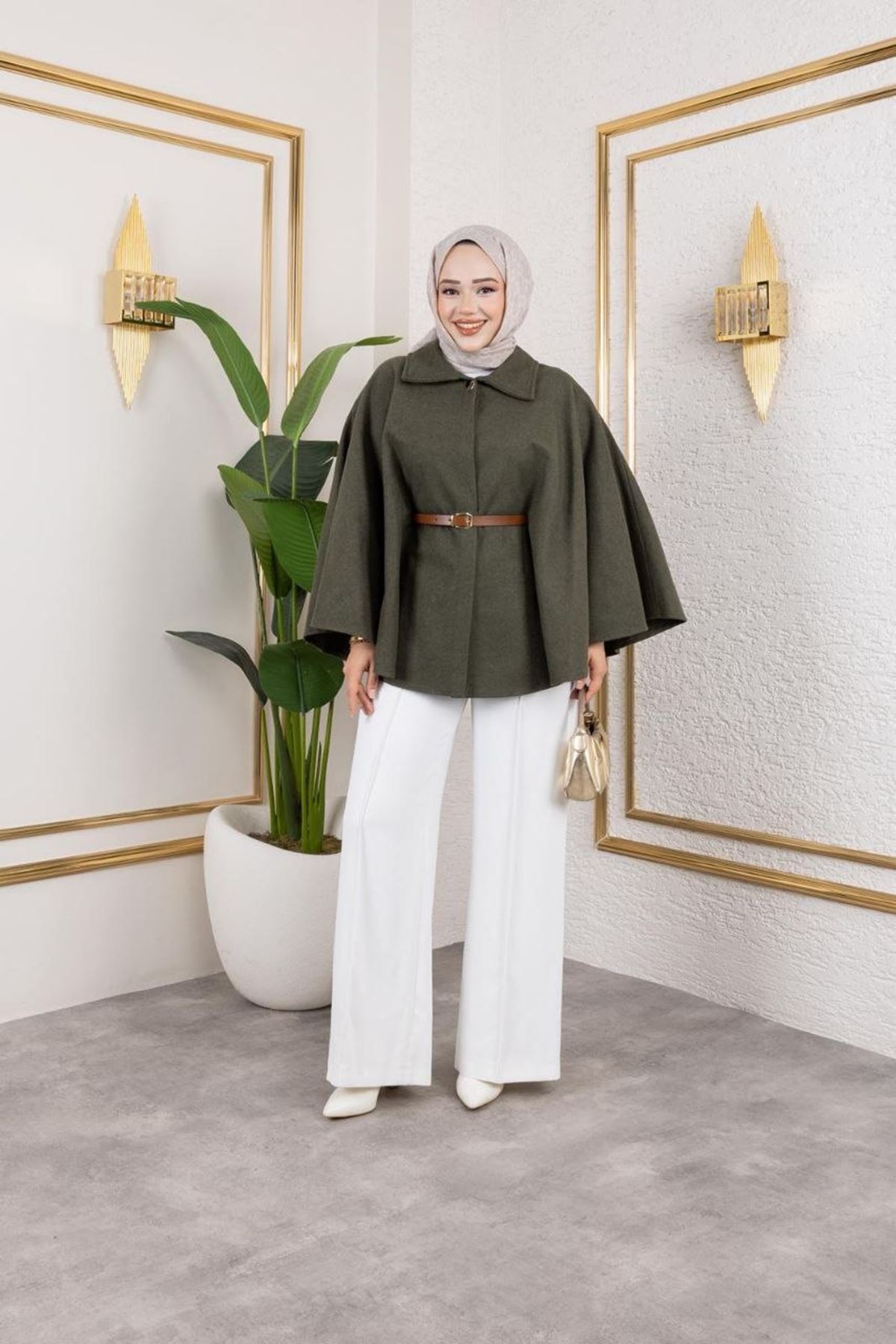 Kadın Kışlık Trend Kemerli Haki Kaşe Kısa Kaban