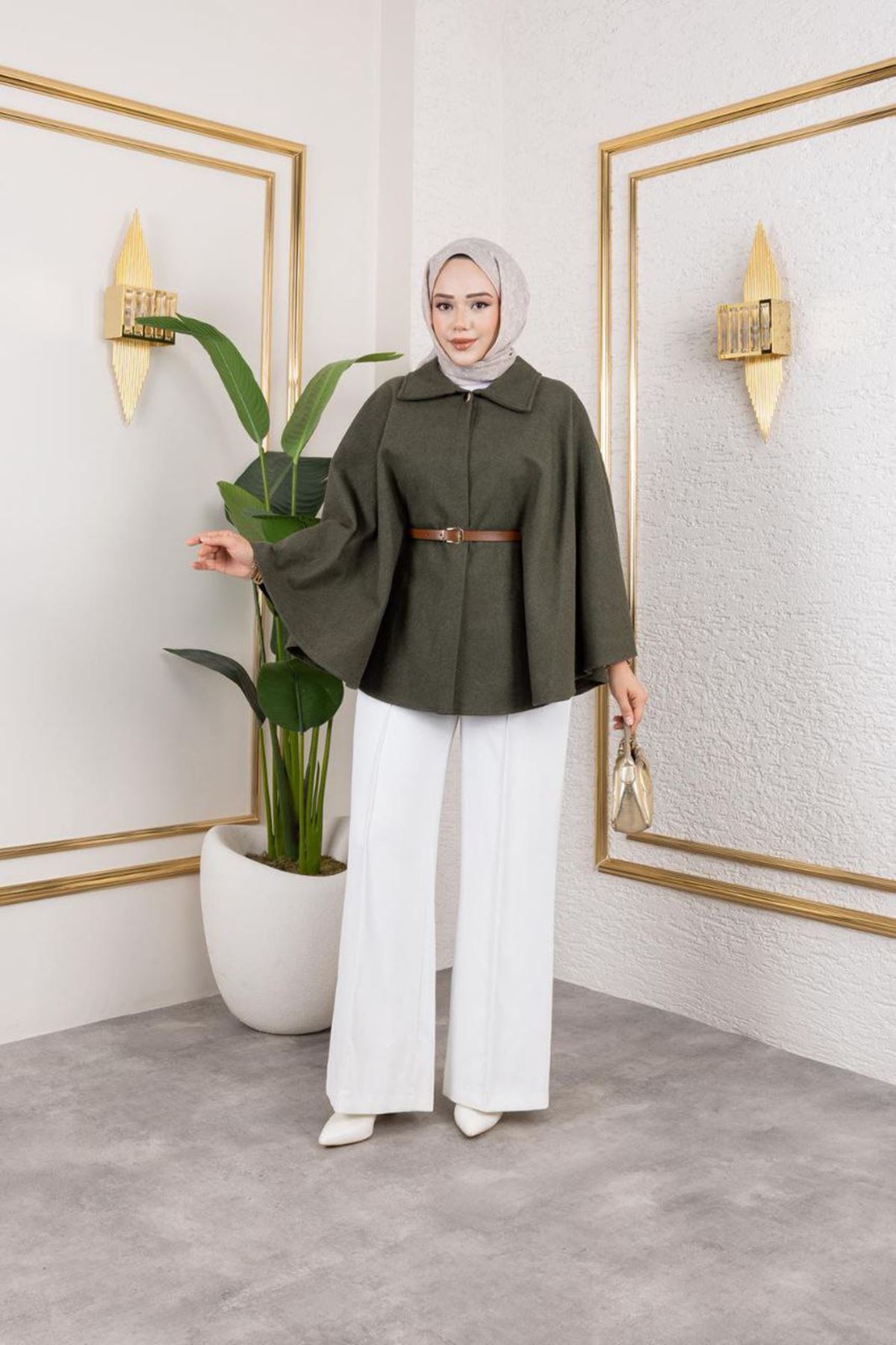 Kadın Kışlık Trend Kemerli Haki Kaşe Kısa Kaban