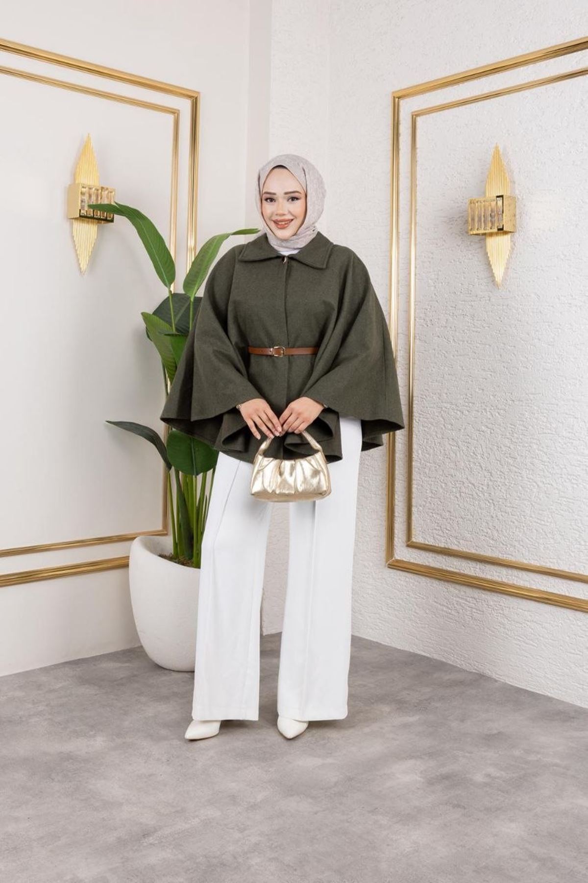 Kadın Kışlık Trend Kemerli Haki Kaşe Kısa Kaban