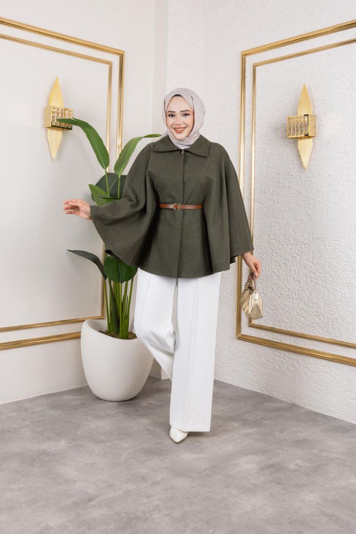 Kadın Kışlık Trend Kemerli Haki Kaşe Kısa Kaban