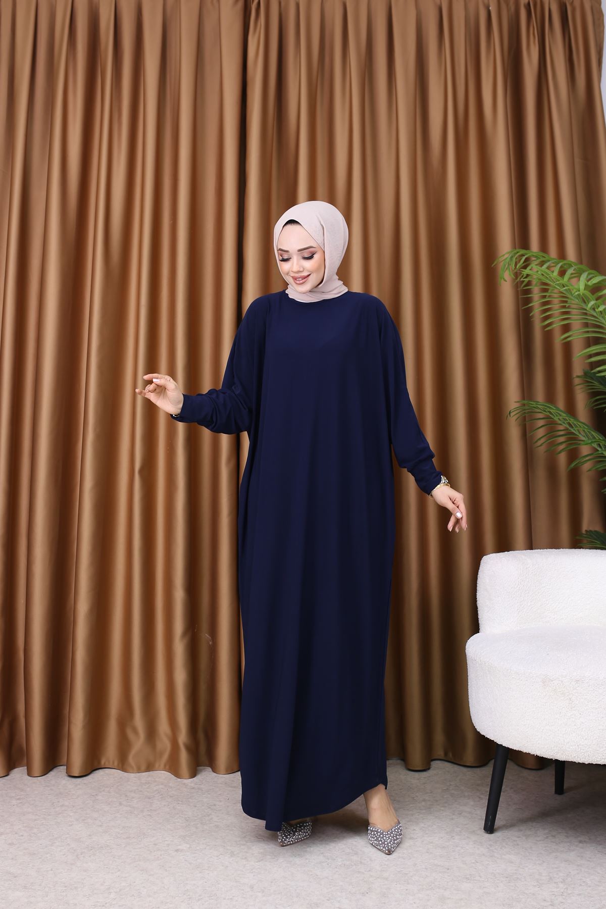 Kadın Trend Basic Uzun Kollu Lacivert Namaz Elbisesi