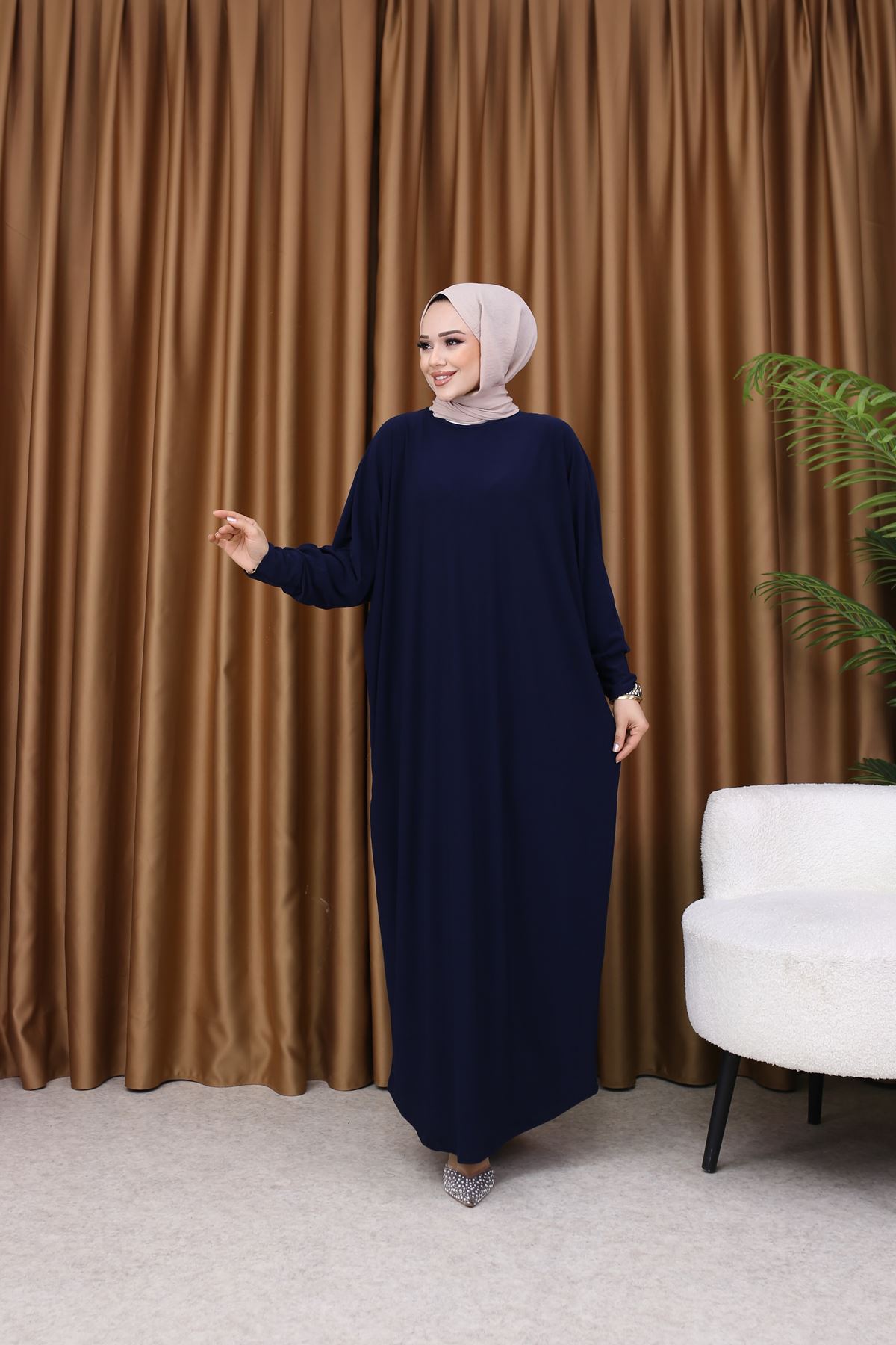 Kadın Trend Basic Uzun Kollu Lacivert Namaz Elbisesi