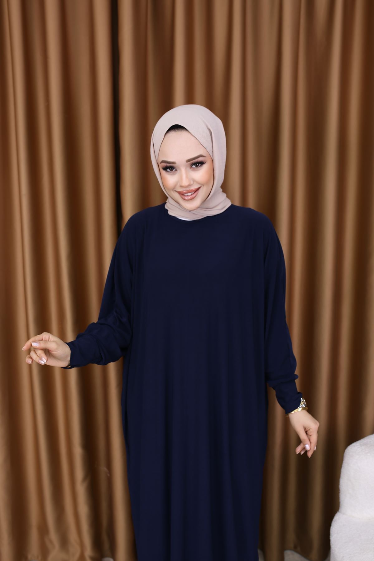 Kadın Trend Basic Uzun Kollu Lacivert Namaz Elbisesi