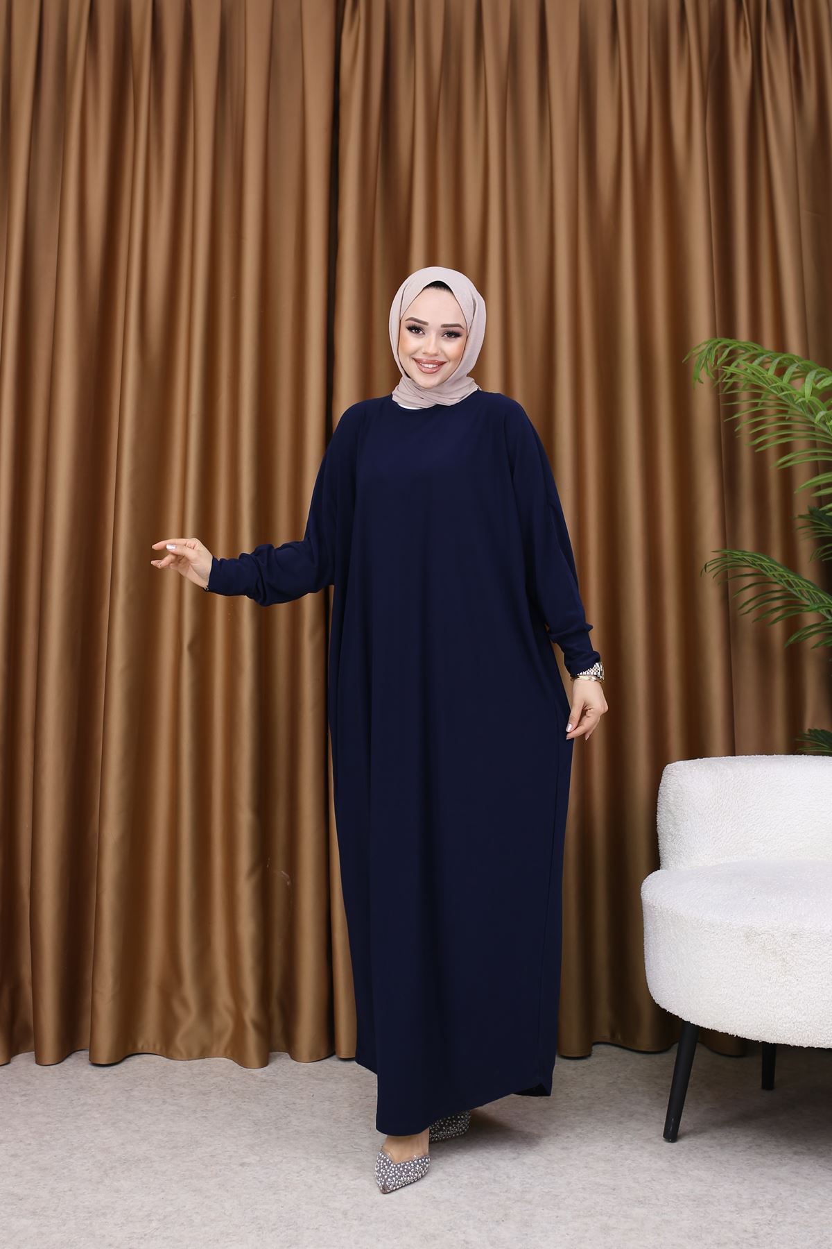 Kadın Trend Basic Uzun Kollu Lacivert Namaz Elbisesi