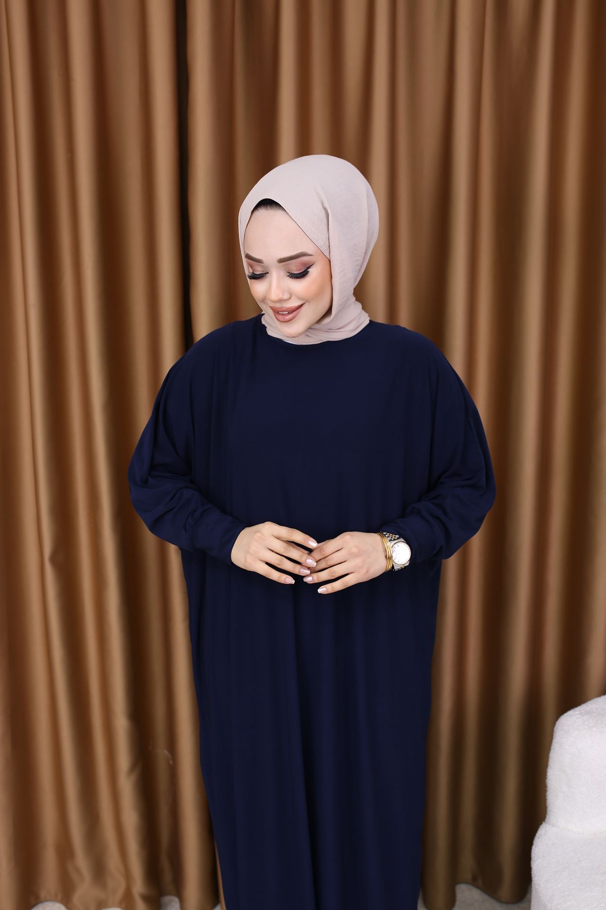 Kadın Trend Basic Uzun Kollu Lacivert Namaz Elbisesi