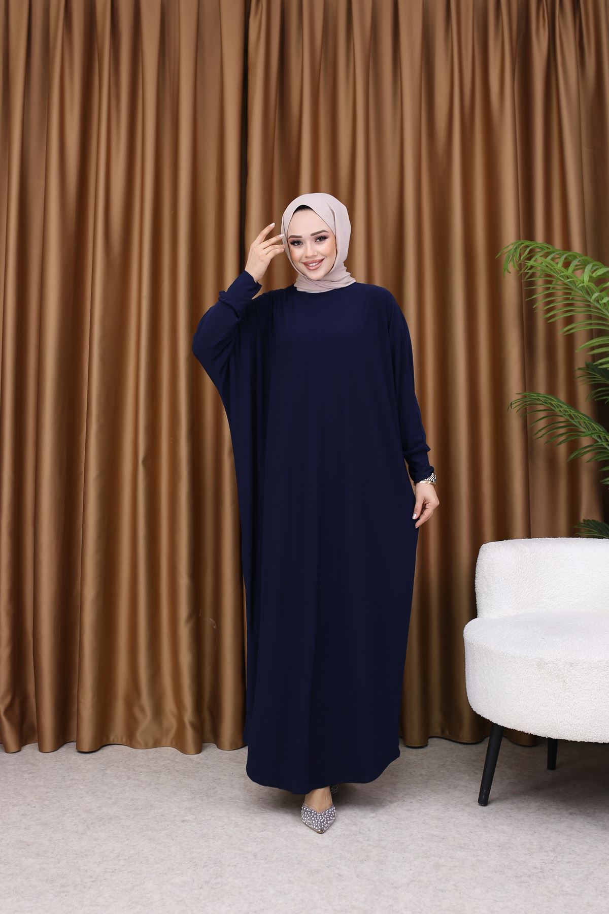 Kadın Trend Basic Uzun Kollu Lacivert Namaz Elbisesi