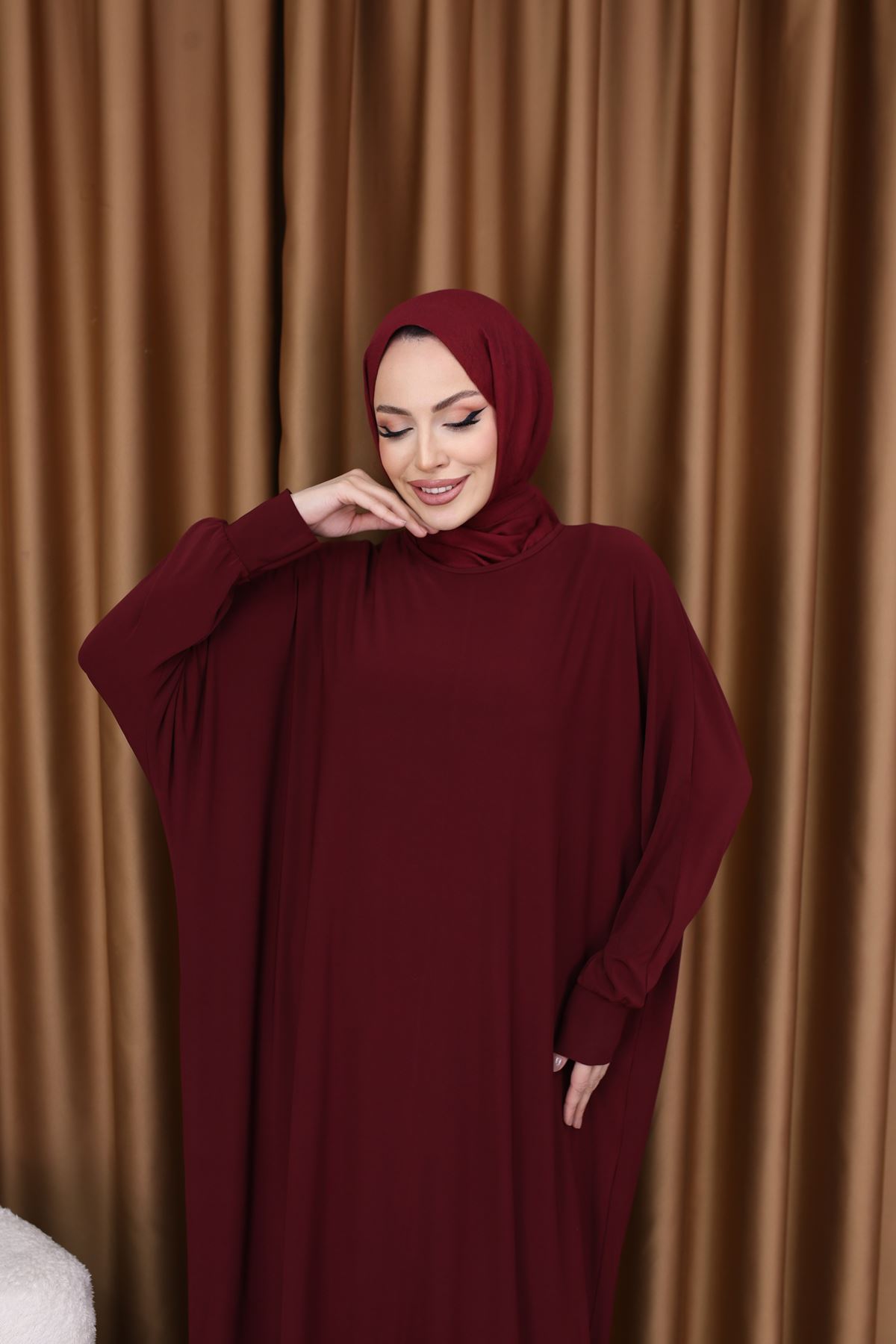 Kadın Trend Basic Uzun Kollu Bordo Namaz Elbisesi