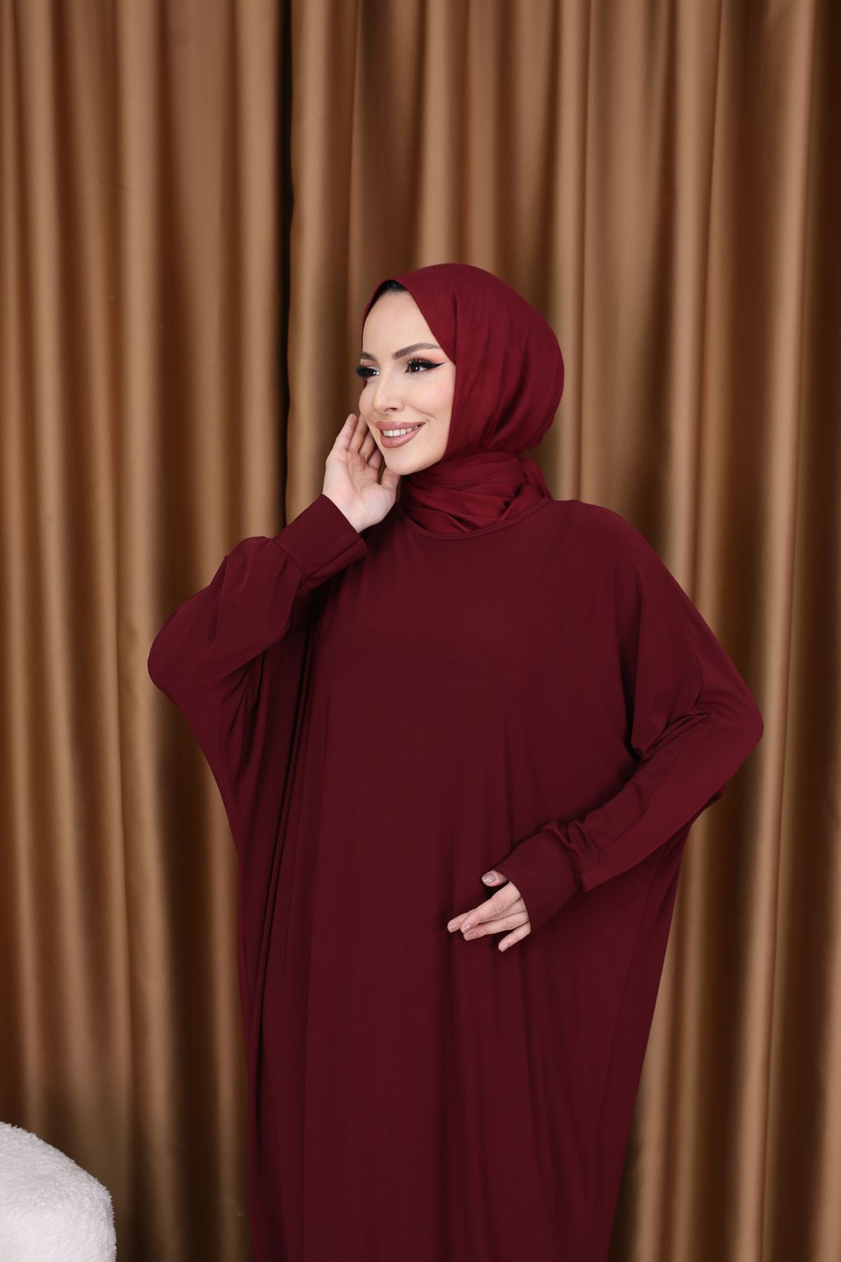 Kadın Trend Basic Uzun Kollu Bordo Namaz Elbisesi