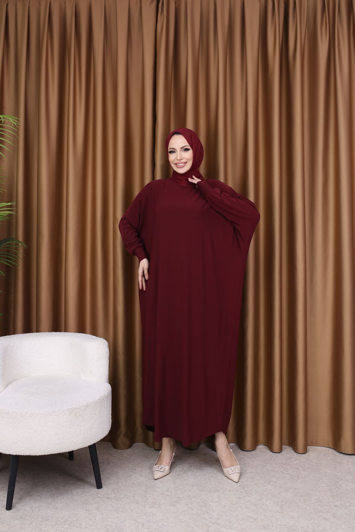 Kadın Trend Basic Uzun Kollu Bordo Namaz Elbisesi