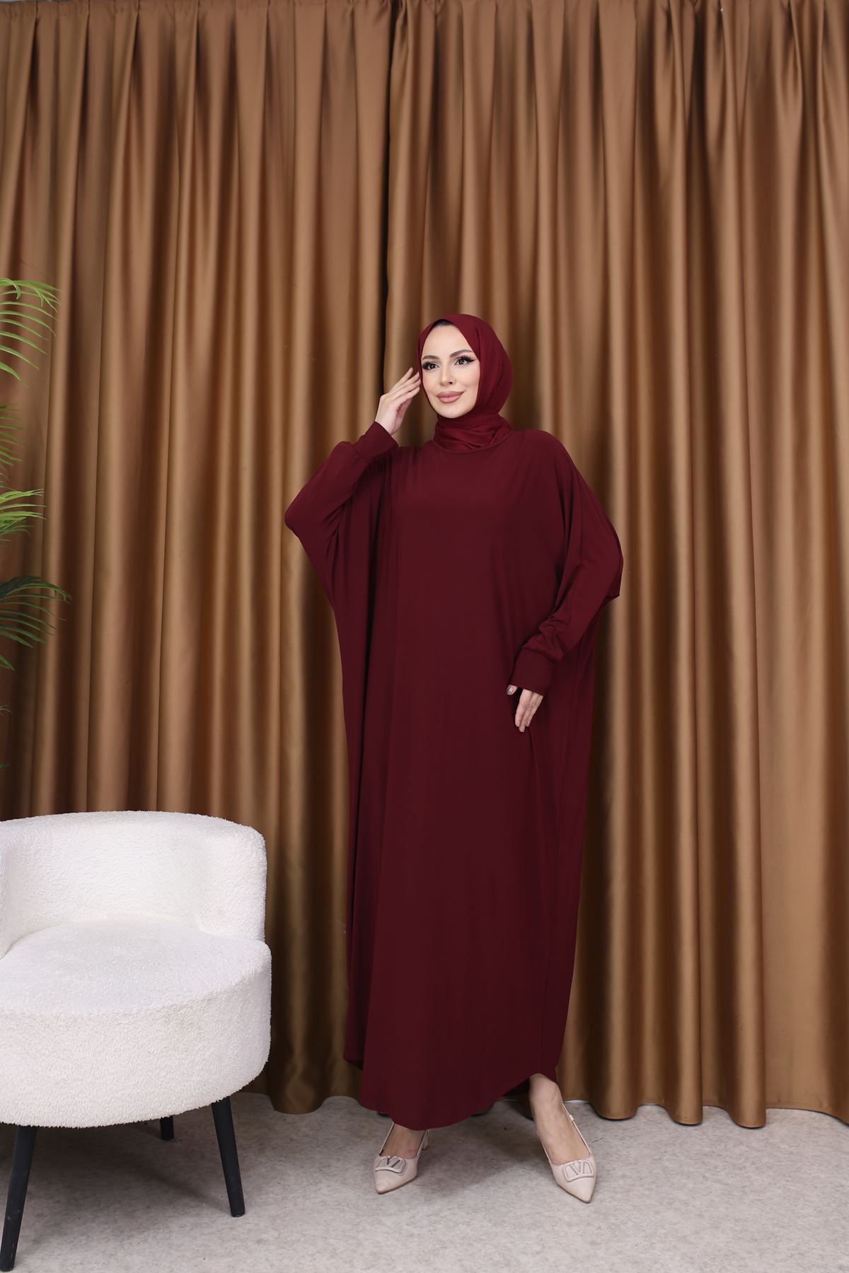 Kadın Trend Basic Uzun Kollu Bordo Namaz Elbisesi