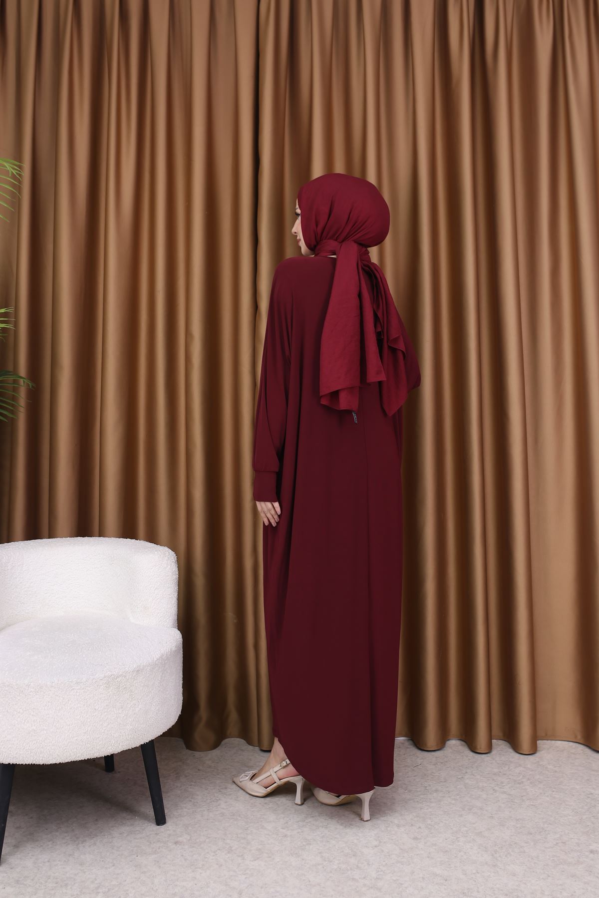 Kadın Trend Basic Uzun Kollu Bordo Namaz Elbisesi