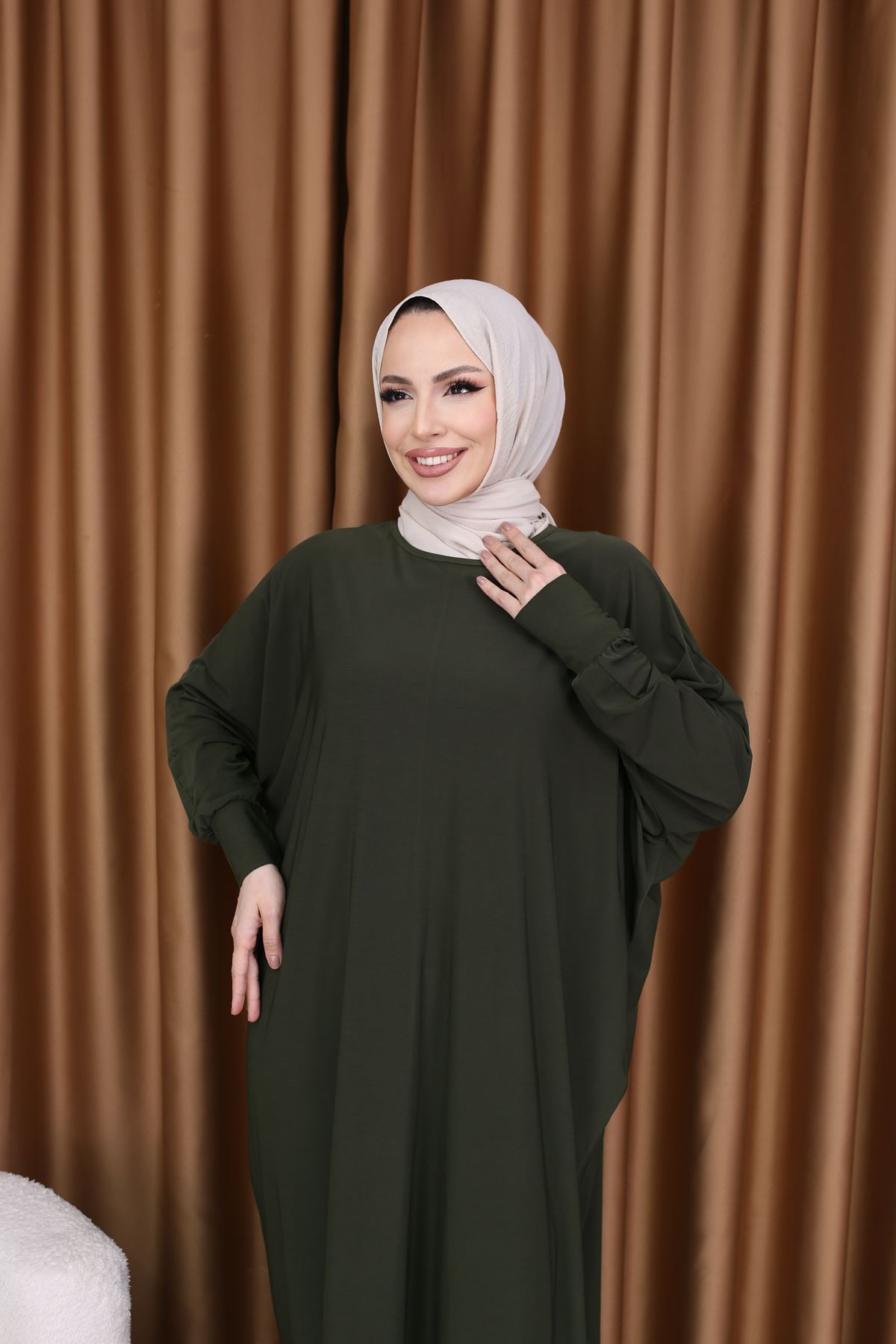 Kadın Trend Basic Uzun Kollu Haki Namaz Elbisesi