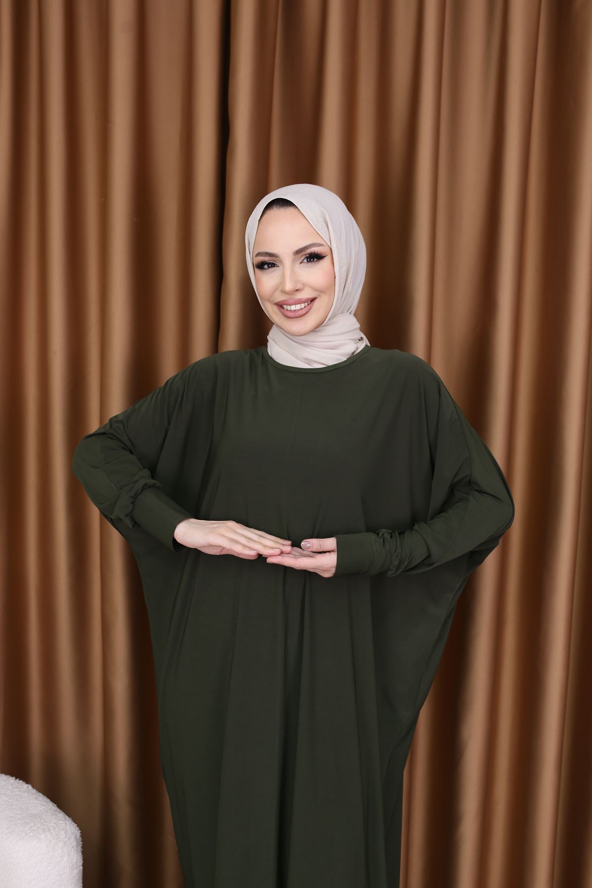 Kadın Trend Basic Uzun Kollu Haki Namaz Elbisesi