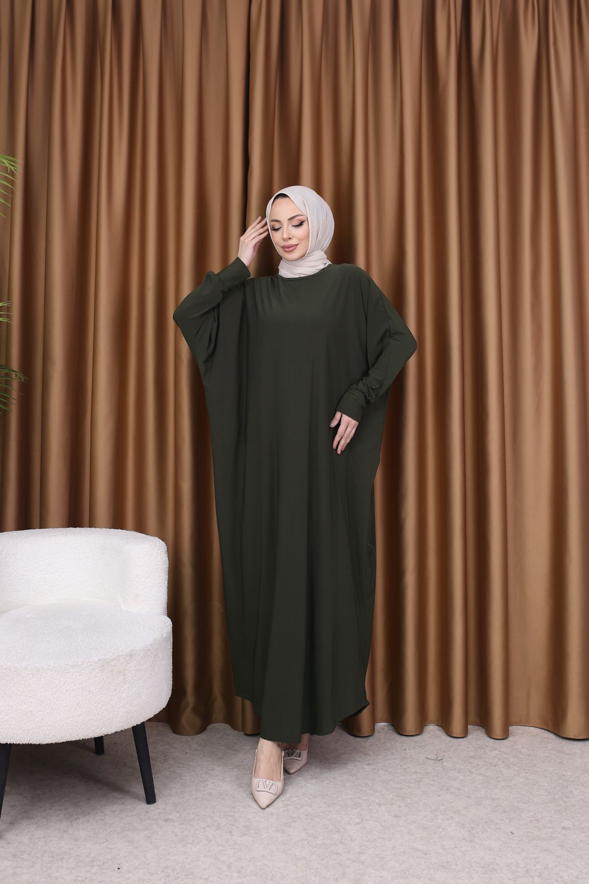 Kadın Trend Basic Uzun Kollu Haki Namaz Elbisesi