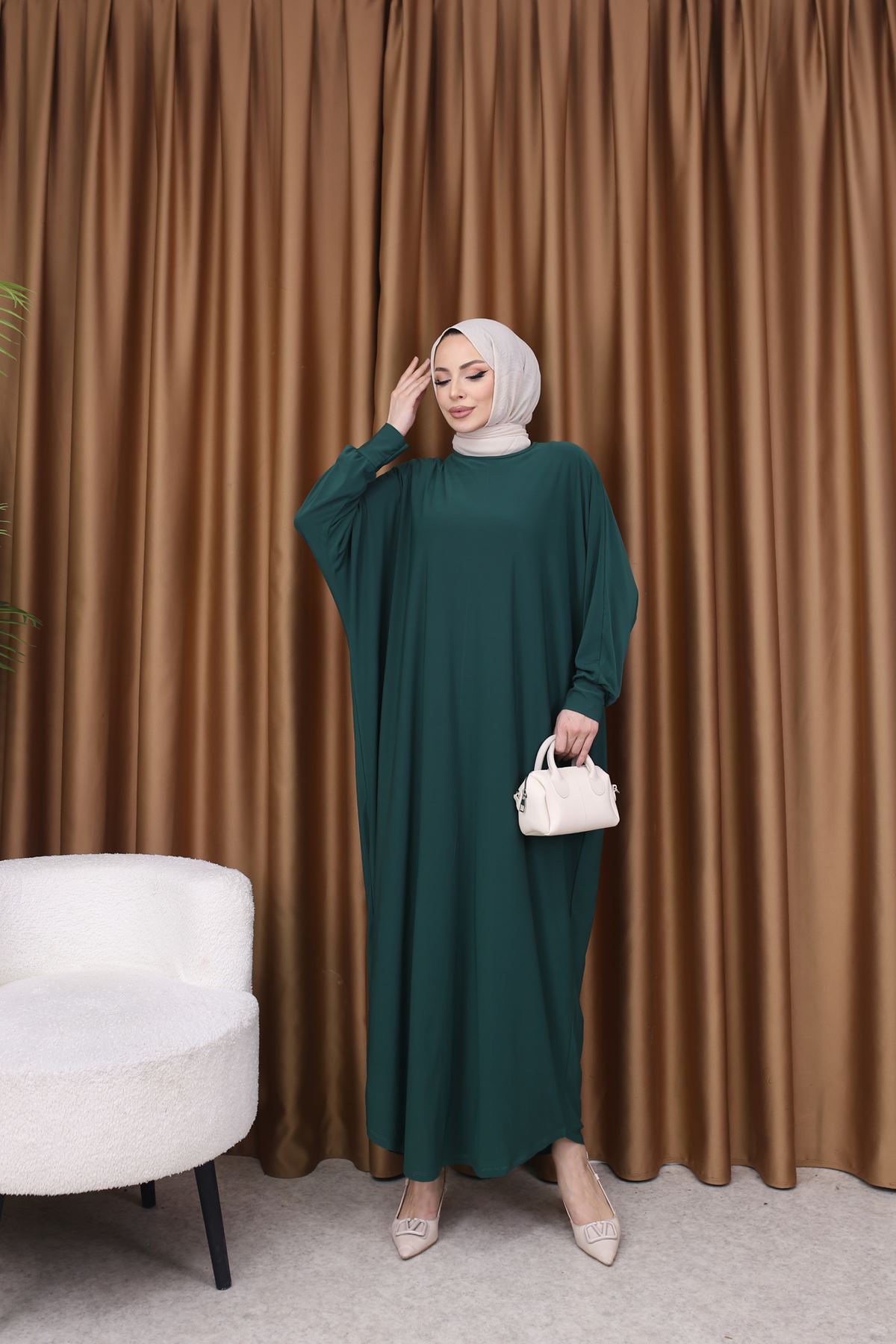 Kadın Trend Basic Uzun Kollu Yeşil Namaz Elbisesi