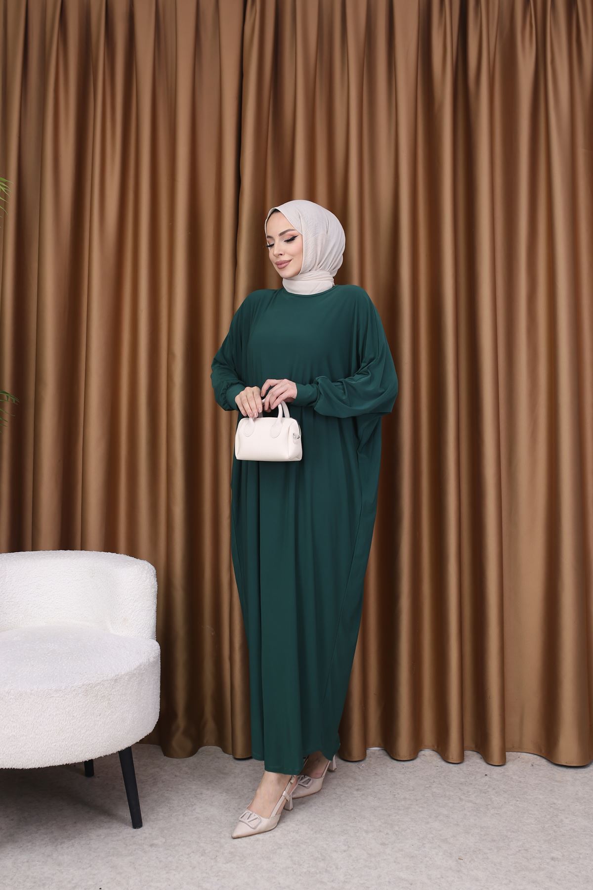 Kadın Trend Basic Uzun Kollu Yeşil Namaz Elbisesi