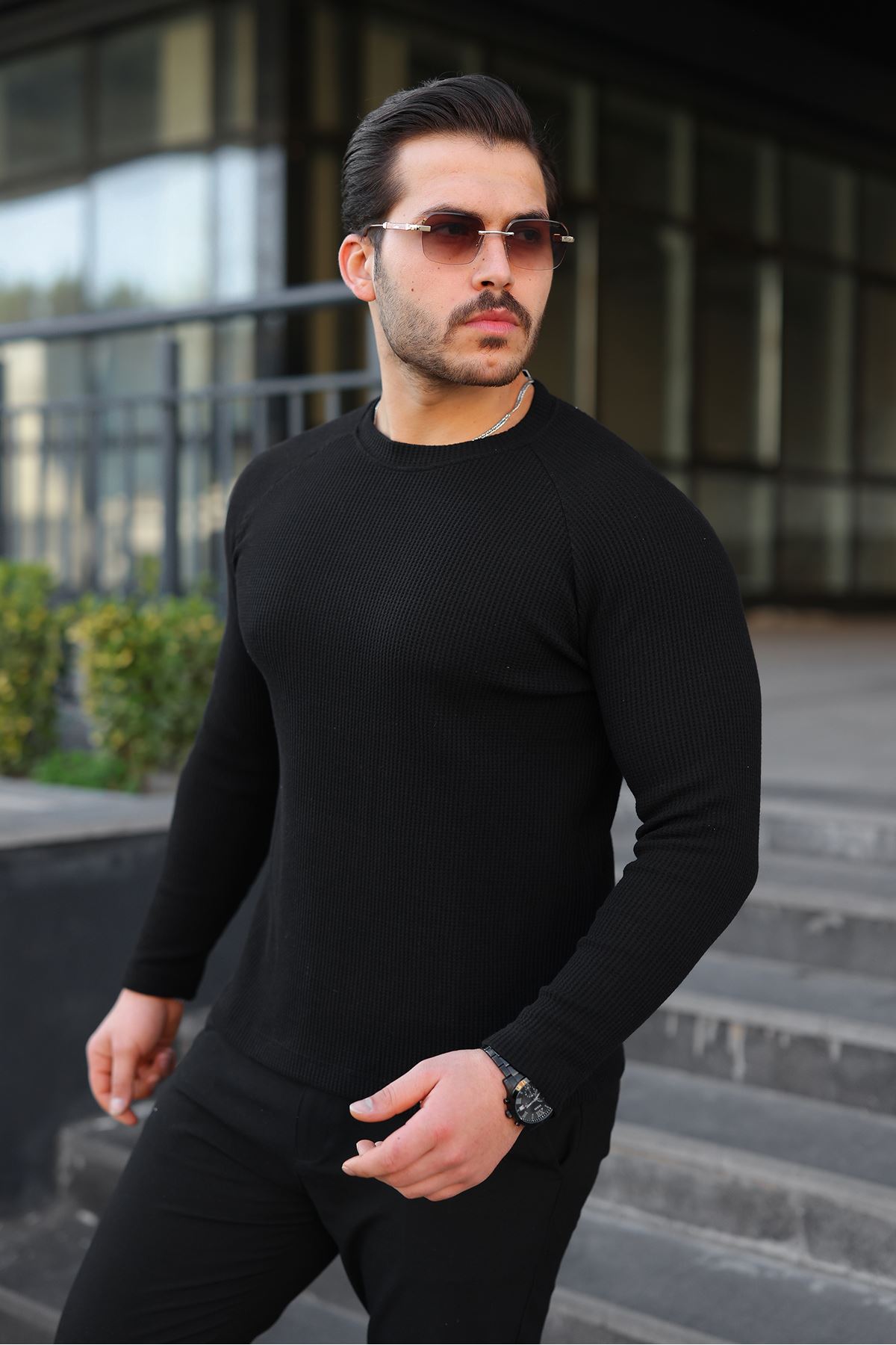 Erkek Trend Basic Slim Fit Bisiklet Yaka Siyah Kazak