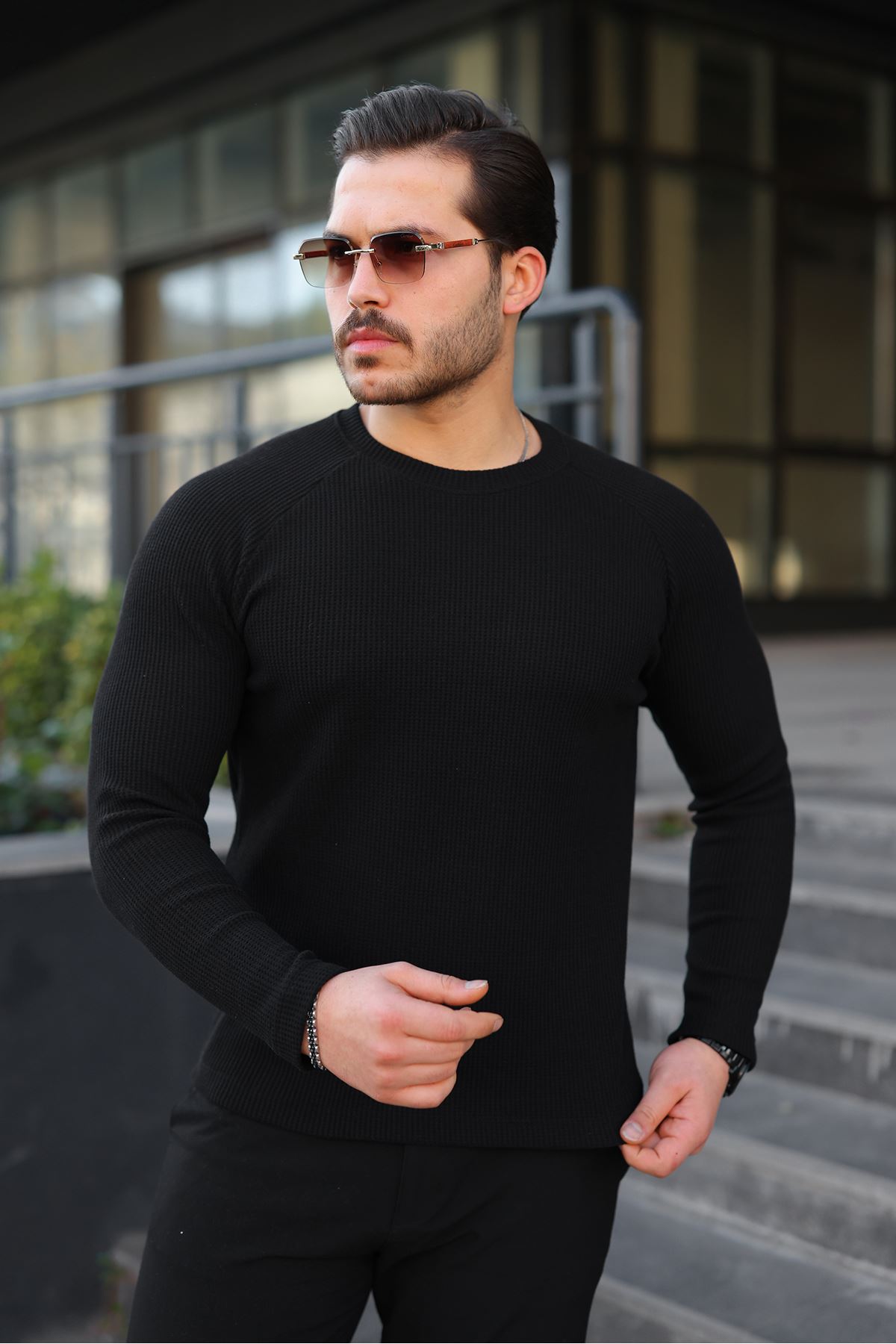 Erkek Trend Basic Slim Fit Bisiklet Yaka Siyah Kazak