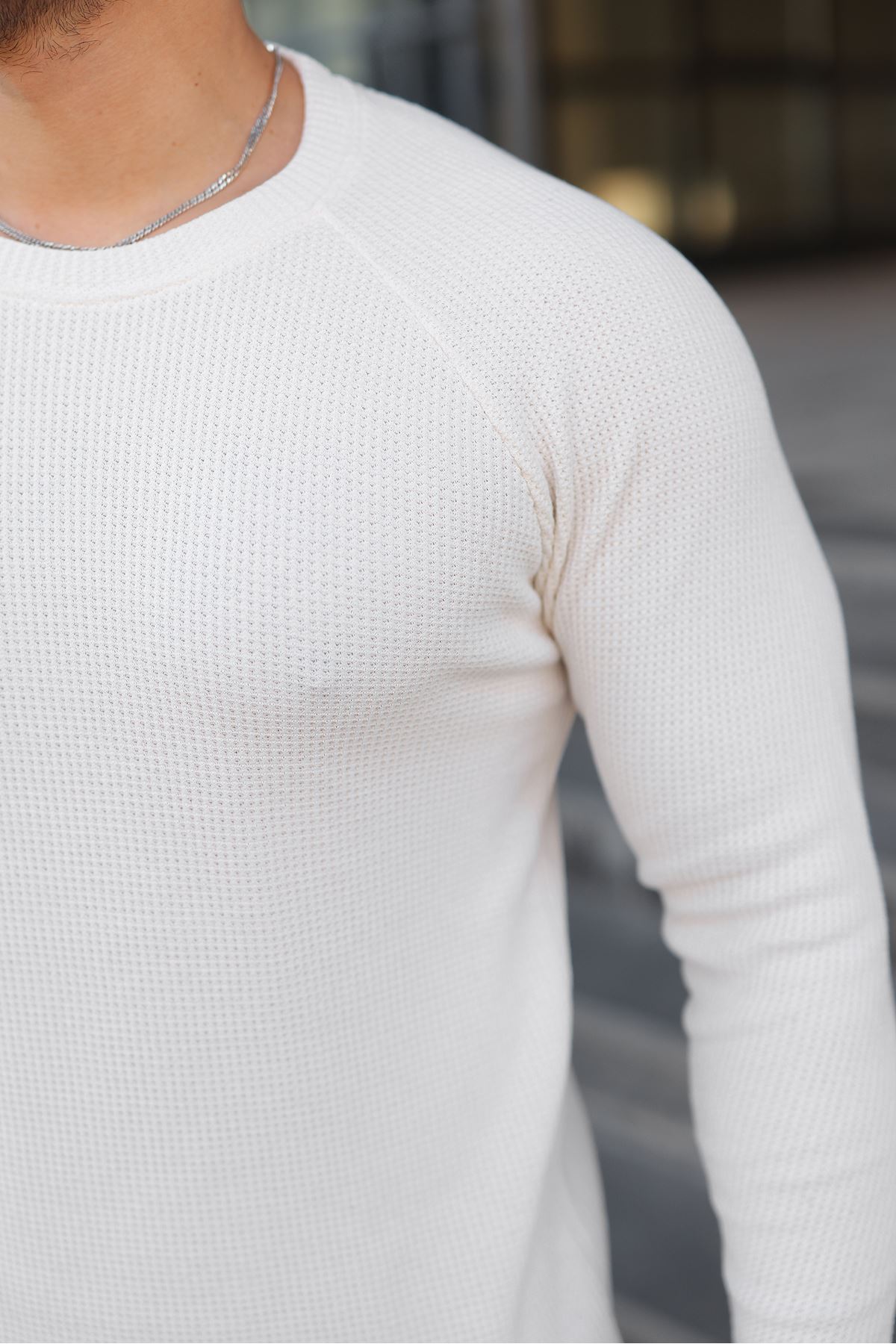 Erkek Trend Basic Slim Fit Bisiklet Yaka Beyaz Kazak