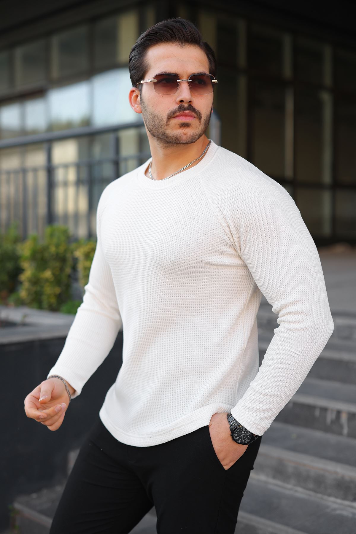 Erkek Trend Basic Slim Fit Bisiklet Yaka Beyaz Kazak