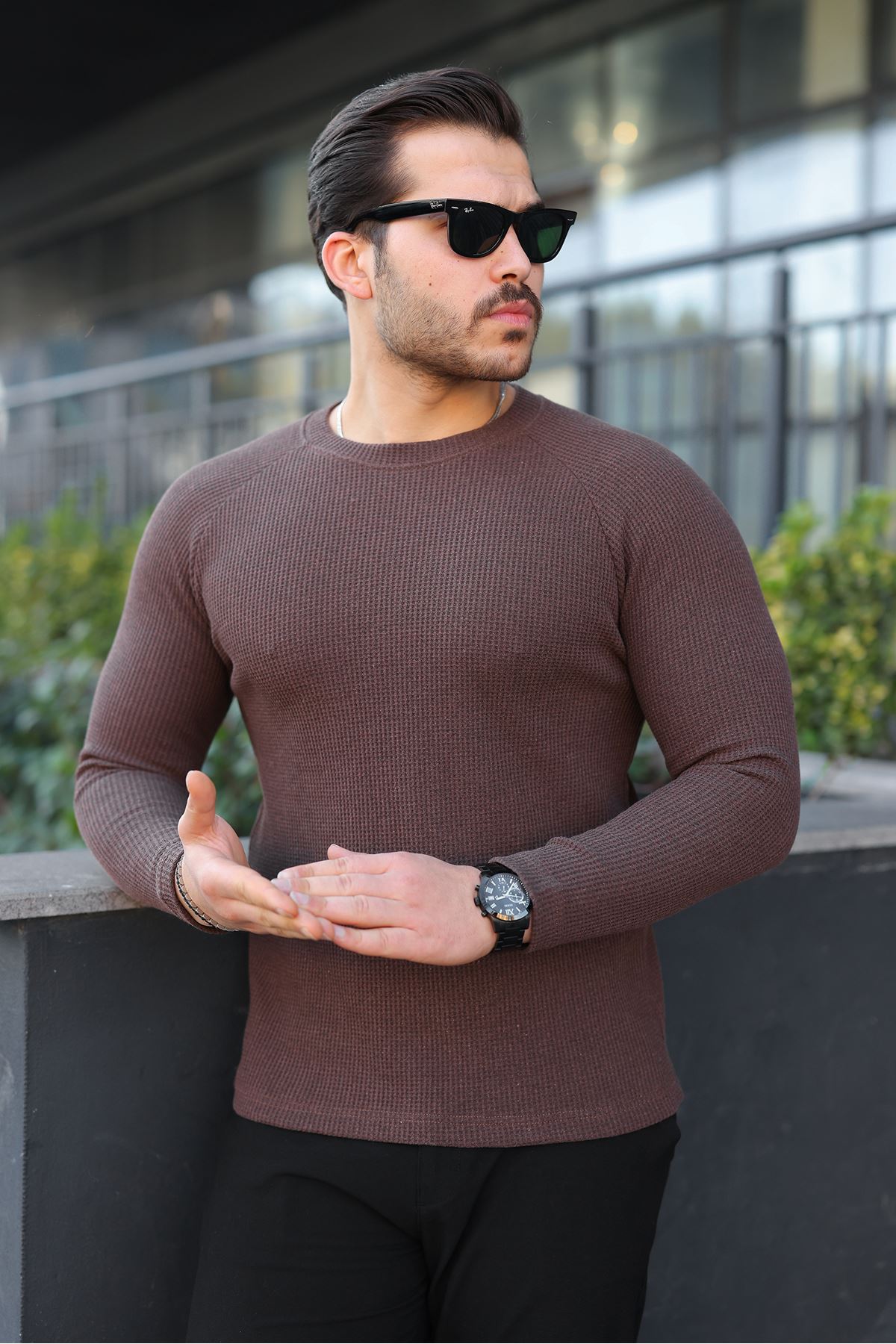 Erkek Trend Basic Slim Fit Bisiklet Yaka Kahve Kazak