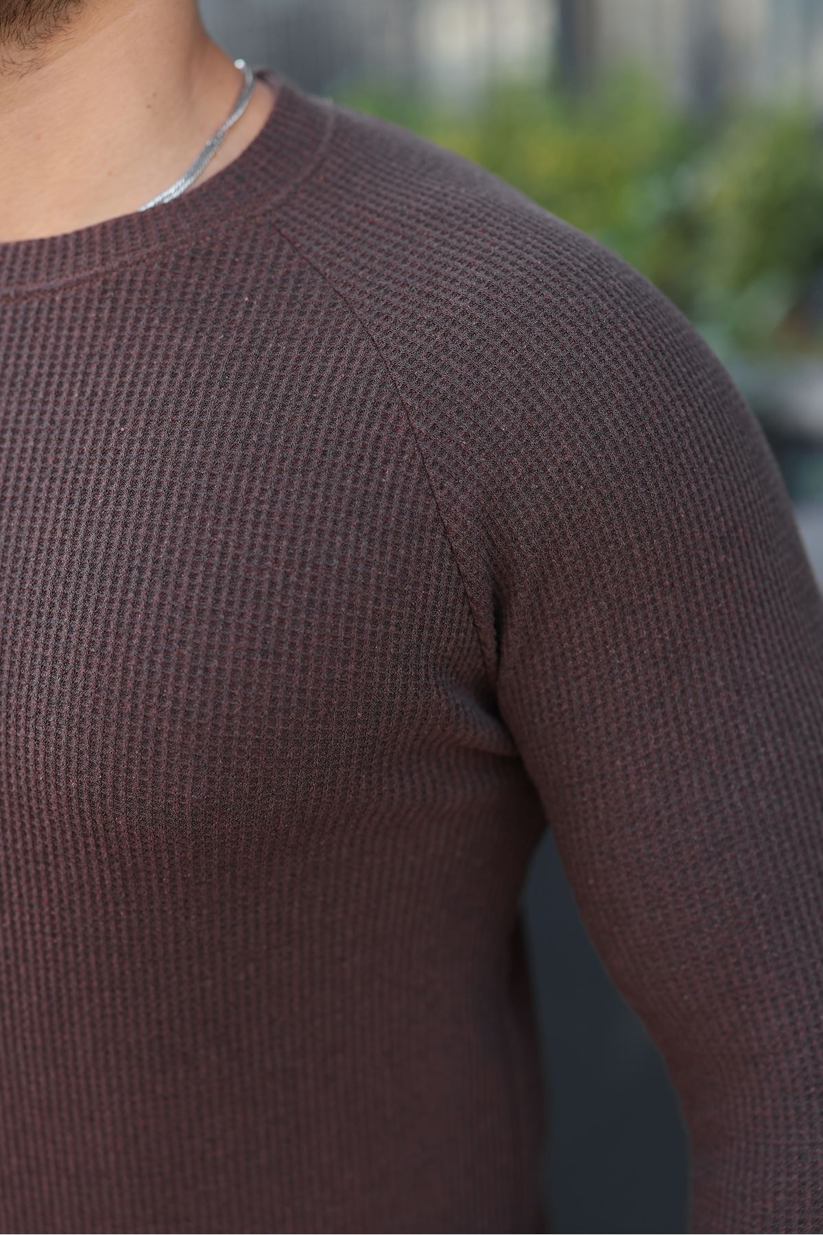 Erkek Trend Basic Slim Fit Bisiklet Yaka Kahve Kazak