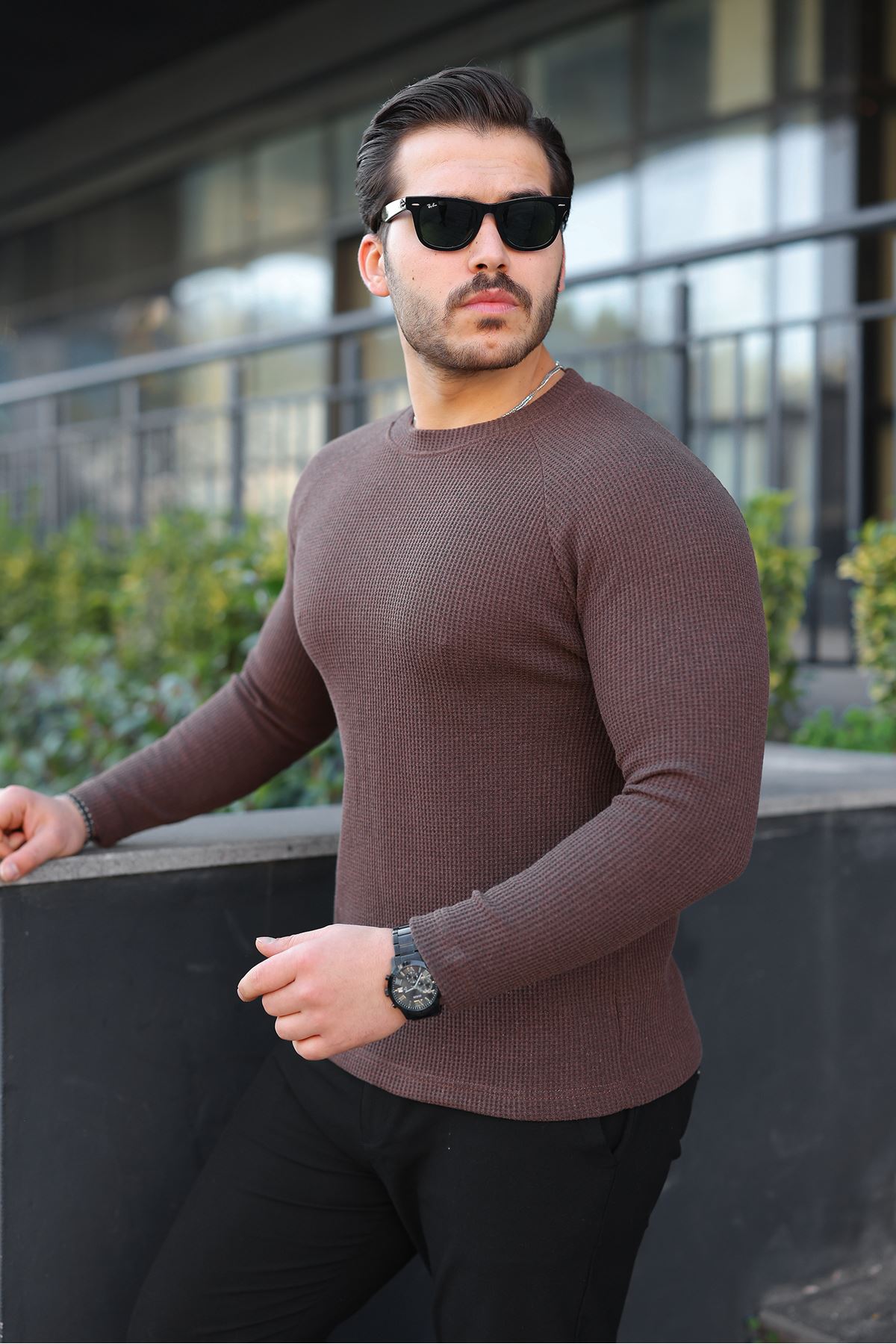 Erkek Trend Basic Slim Fit Bisiklet Yaka Kahve Kazak