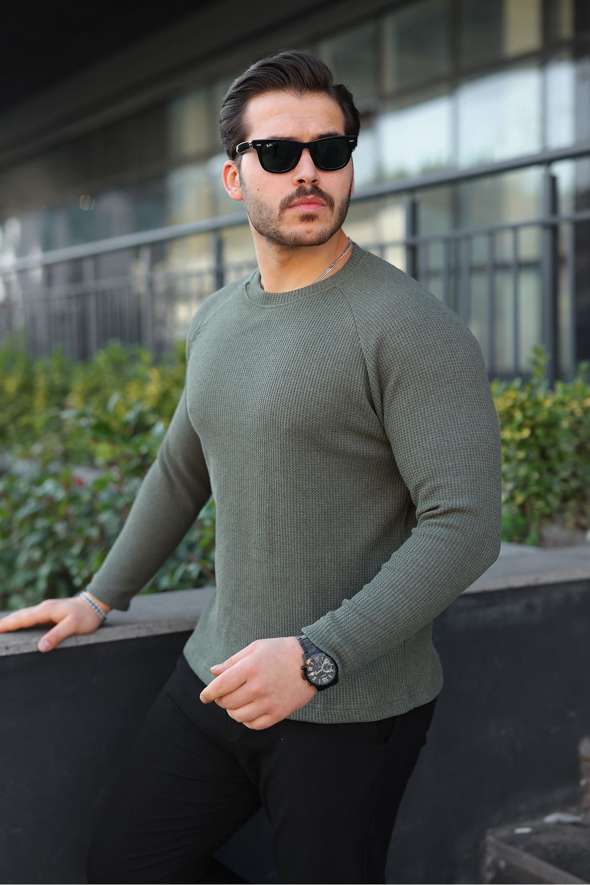 Erkek Trend Basic Slim Fit Bisiklet Yaka Haki Kazak