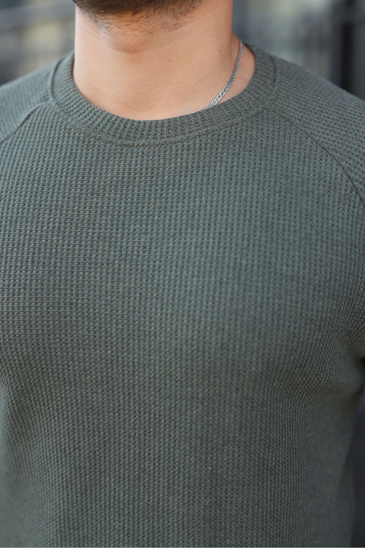 Erkek Trend Basic Slim Fit Bisiklet Yaka Haki Kazak