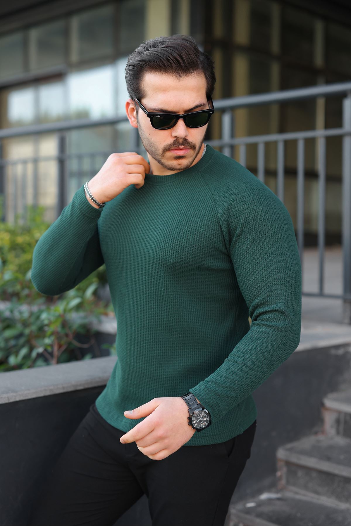 Erkek Trend Basic Slim Fit Bisiklet Yaka Yeşil Kazak