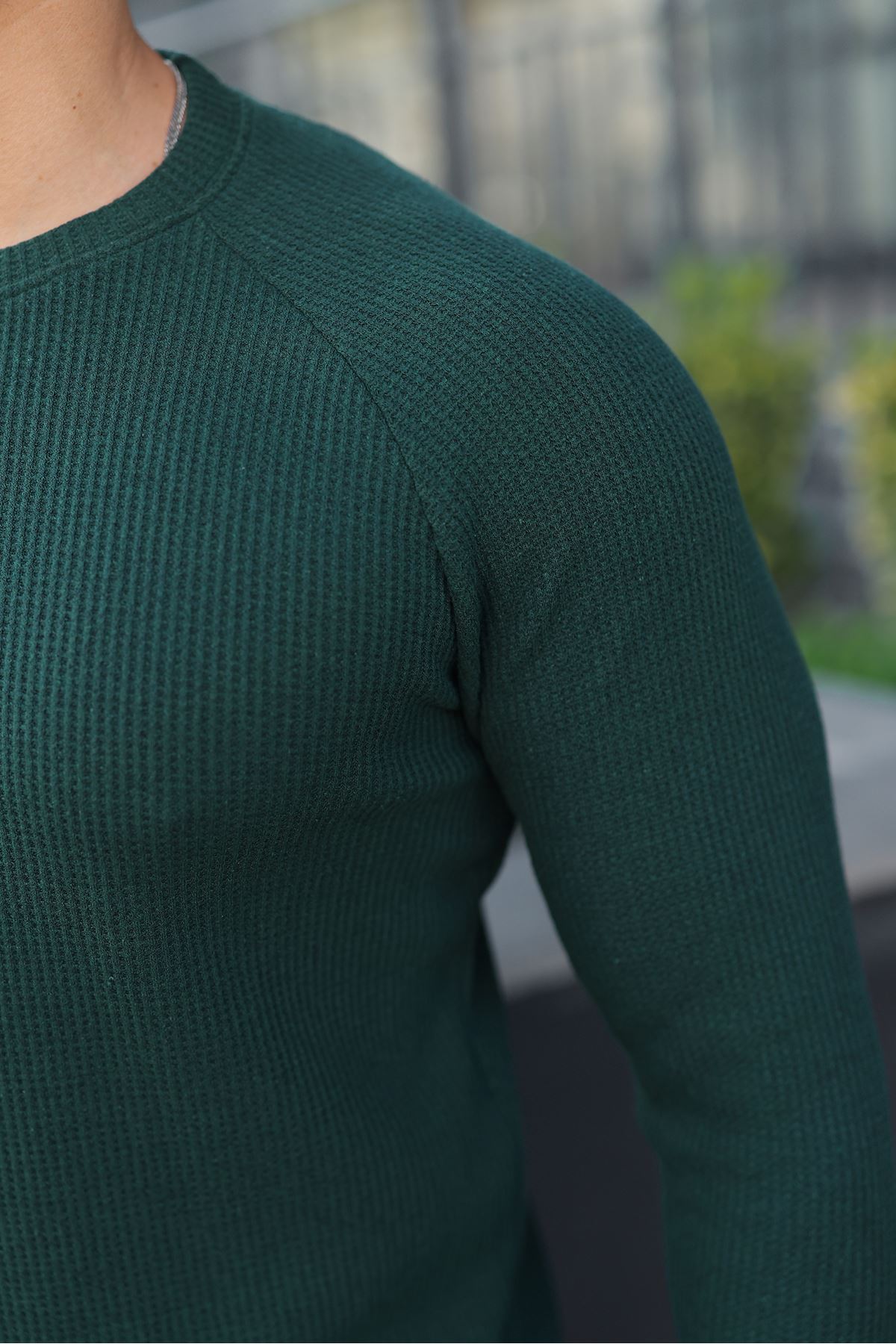 Erkek Trend Basic Slim Fit Bisiklet Yaka Yeşil Kazak