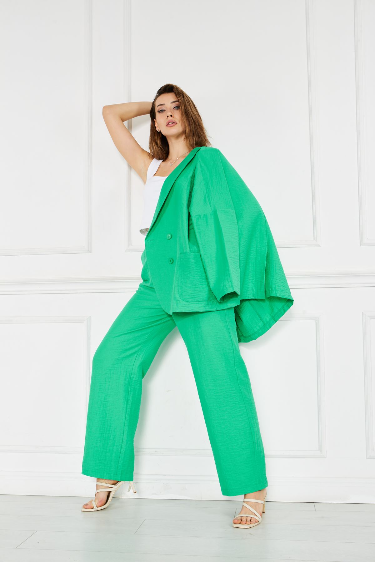 Kadın Oversize Ceket Bol Pantolon Yeşil İkili Takım