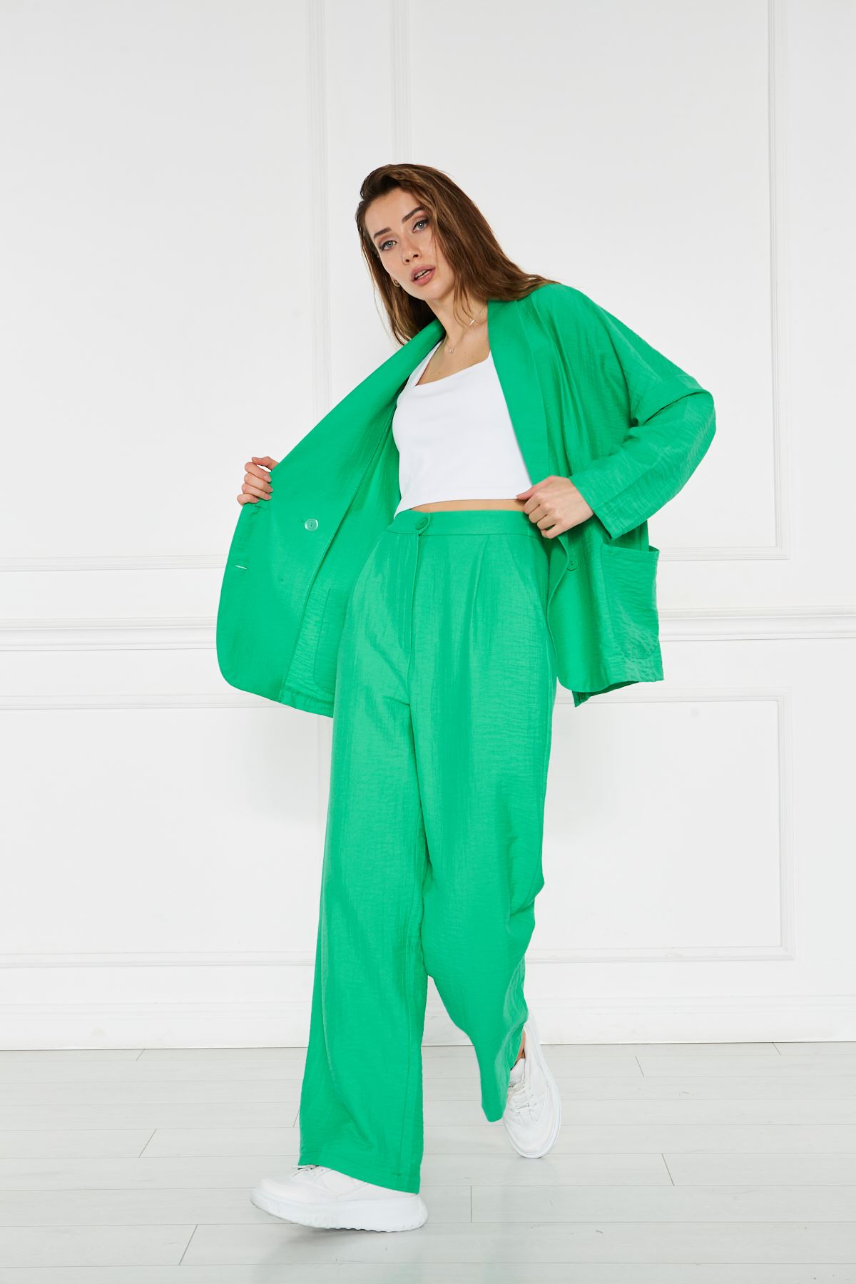 Kadın Oversize Ceket Bol Pantolon Yeşil İkili Takım