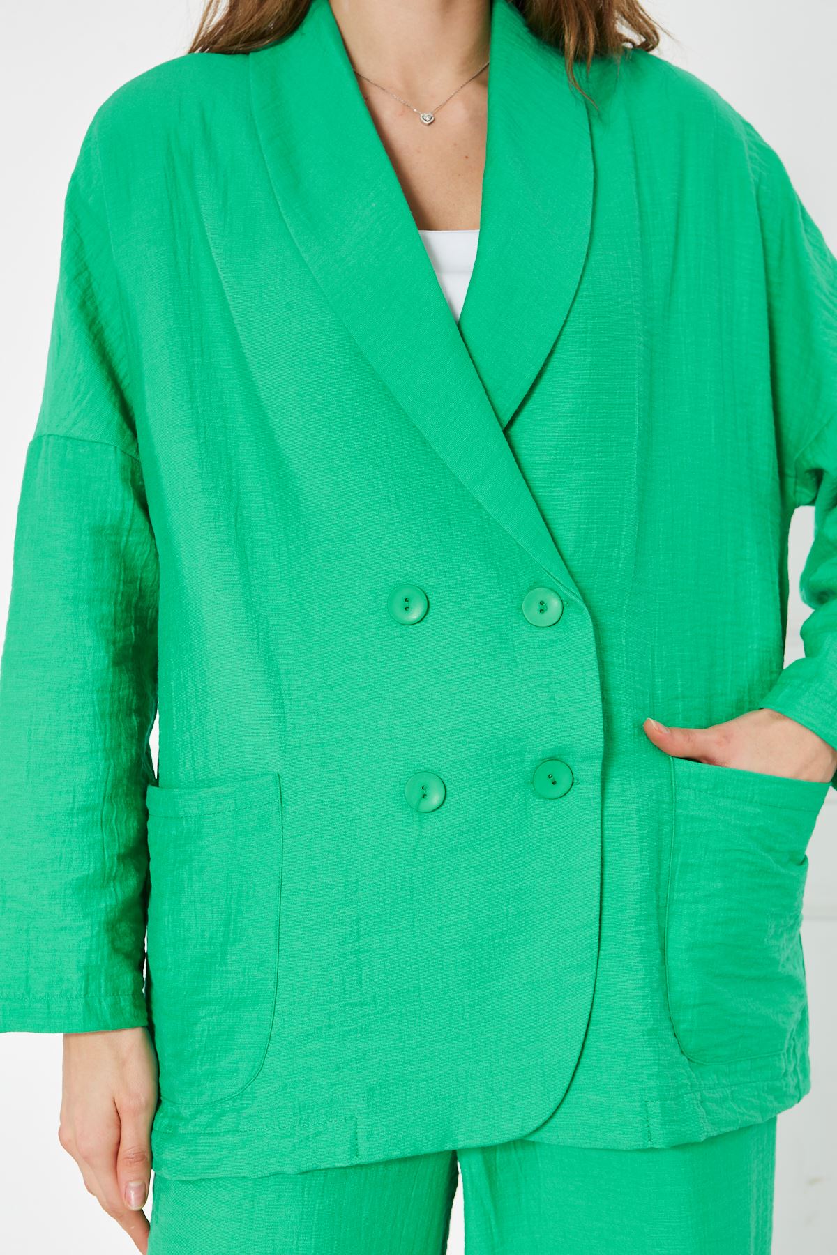 Kadın Oversize Ceket Bol Pantolon Yeşil İkili Takım