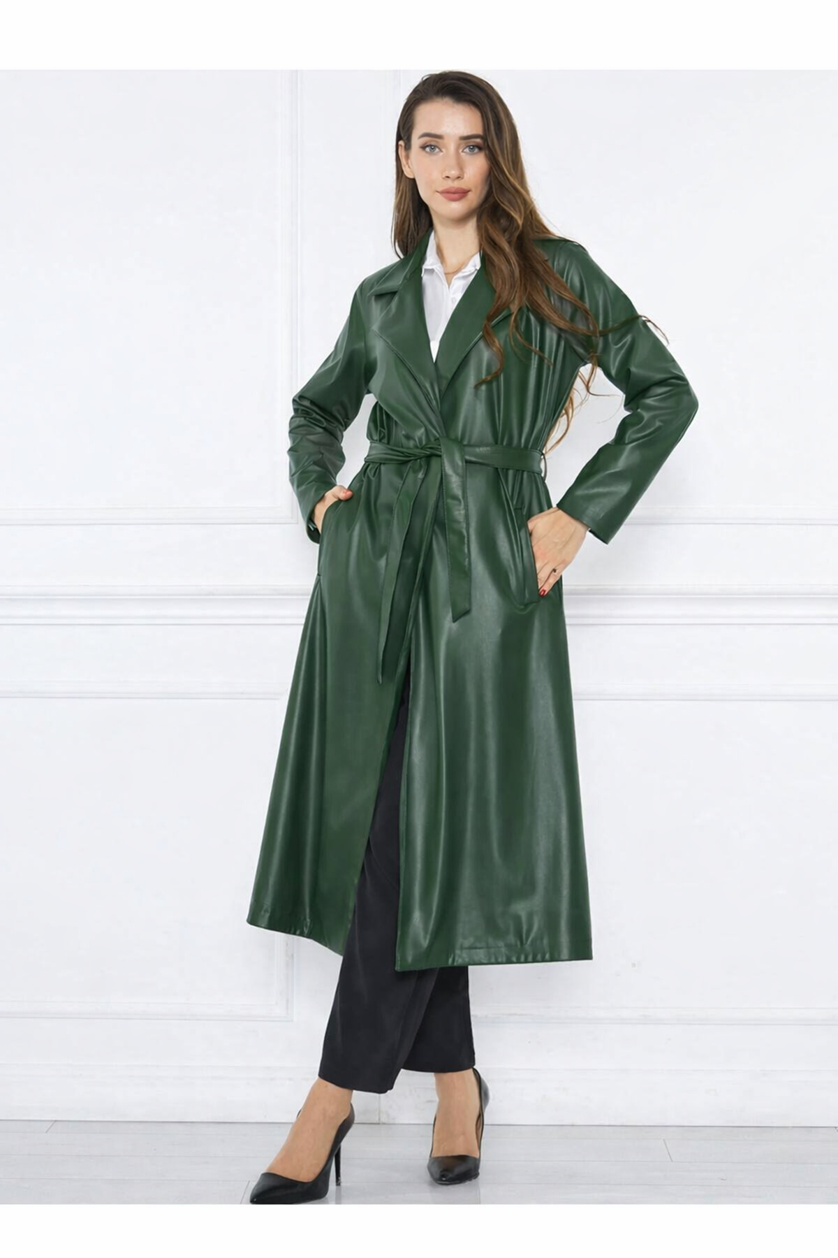 Kadın Trend Cepli Kuşaklı Uzun Zümrüt Deri Kaban